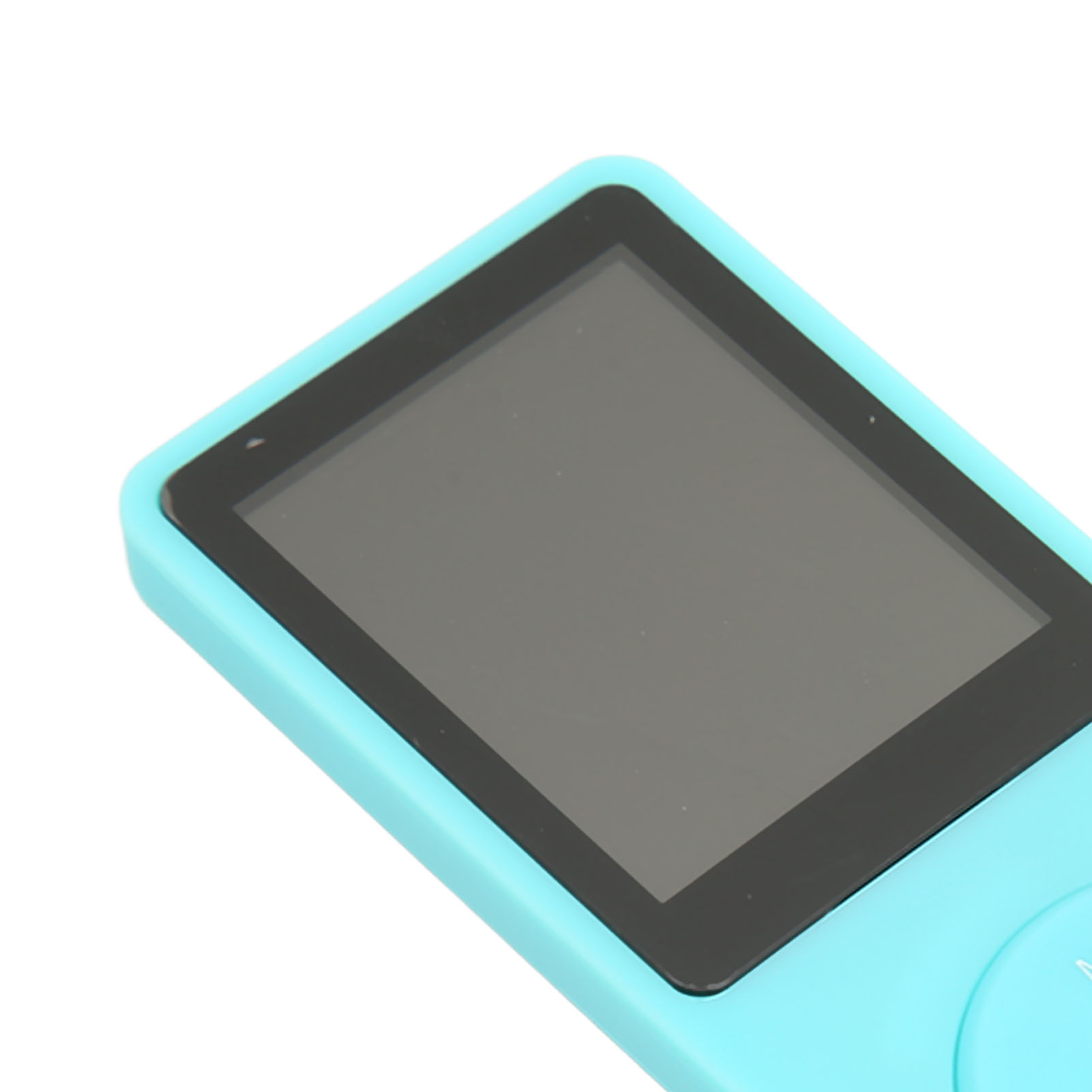 Blauer MP3-Player mit schwarzem Bildschirm. Das Gerät steht auf einer weißen Oberfläche, Nahaufnahme.