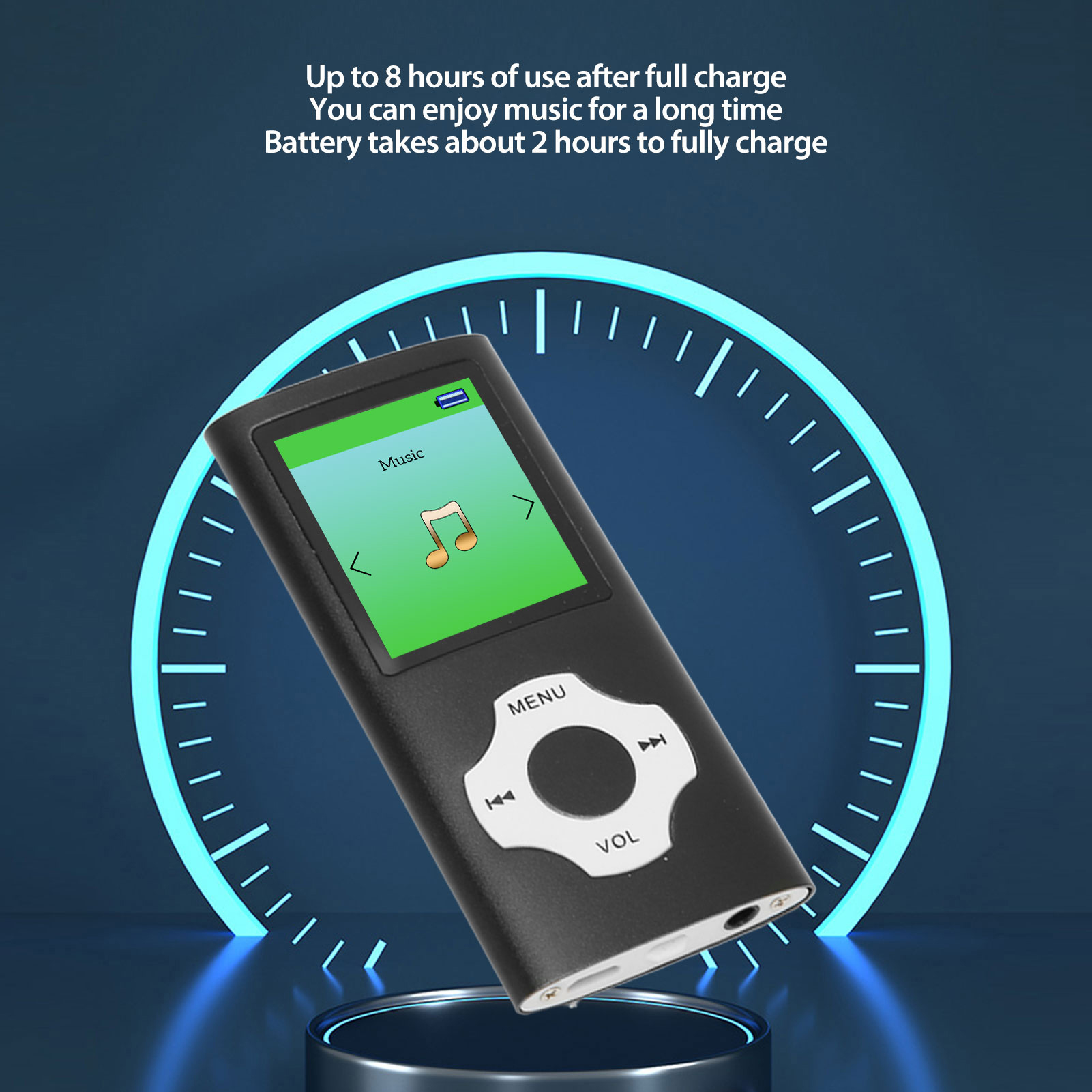 Ein schwarzer MP3-Player mit Bildschirm und Bedienelementen, mit einer blauen Uhrgrafik im Hintergrund.