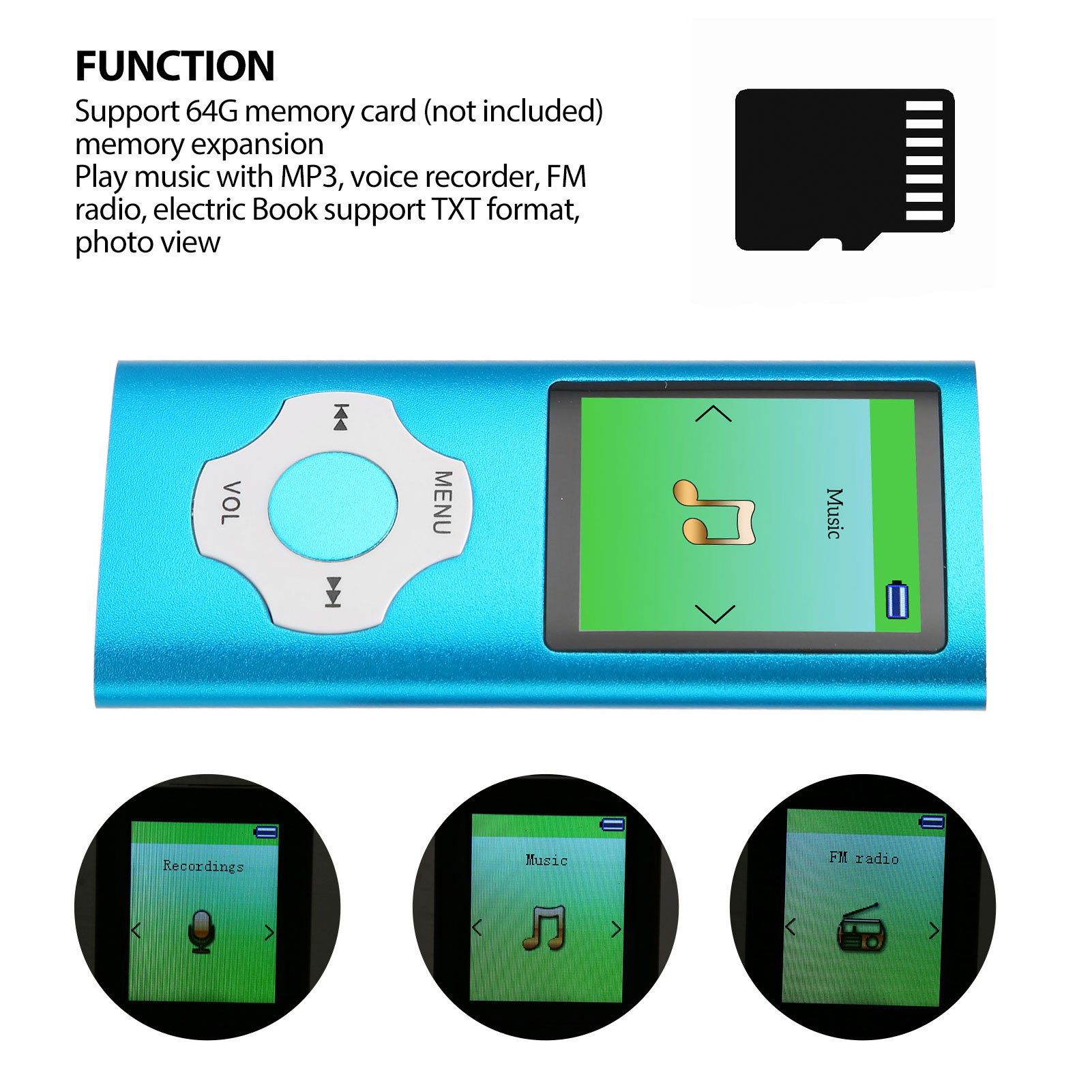Blauer MP3-Player mit Tasten und einem Bildschirm, der Musik anzeigt. Zusätzliche Bildschirme sind unten.