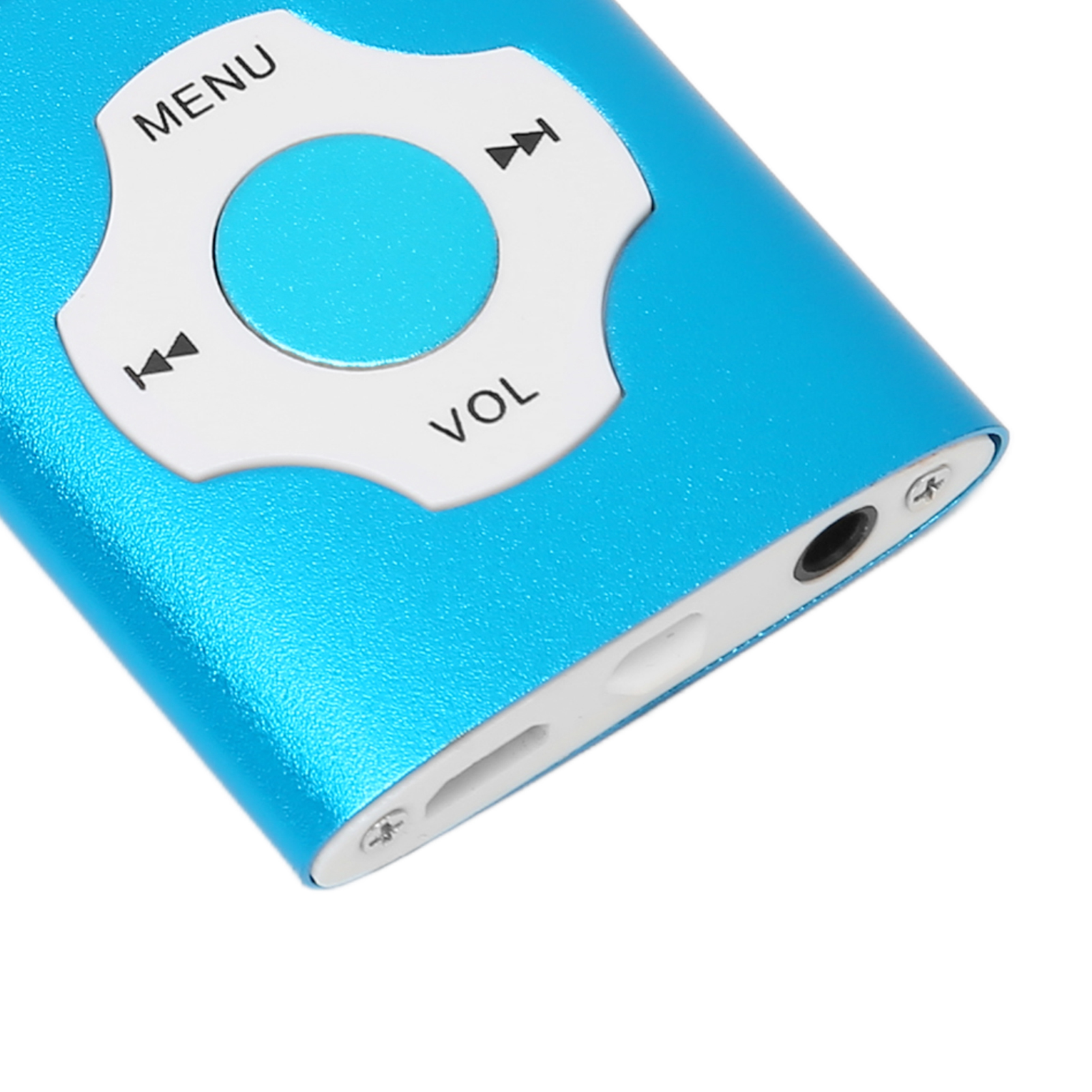 Nahaufnahme eines blauen MP3-Players mit Steuertasten: Menü, Vorwärts, Rückwärts und Lautstärke.