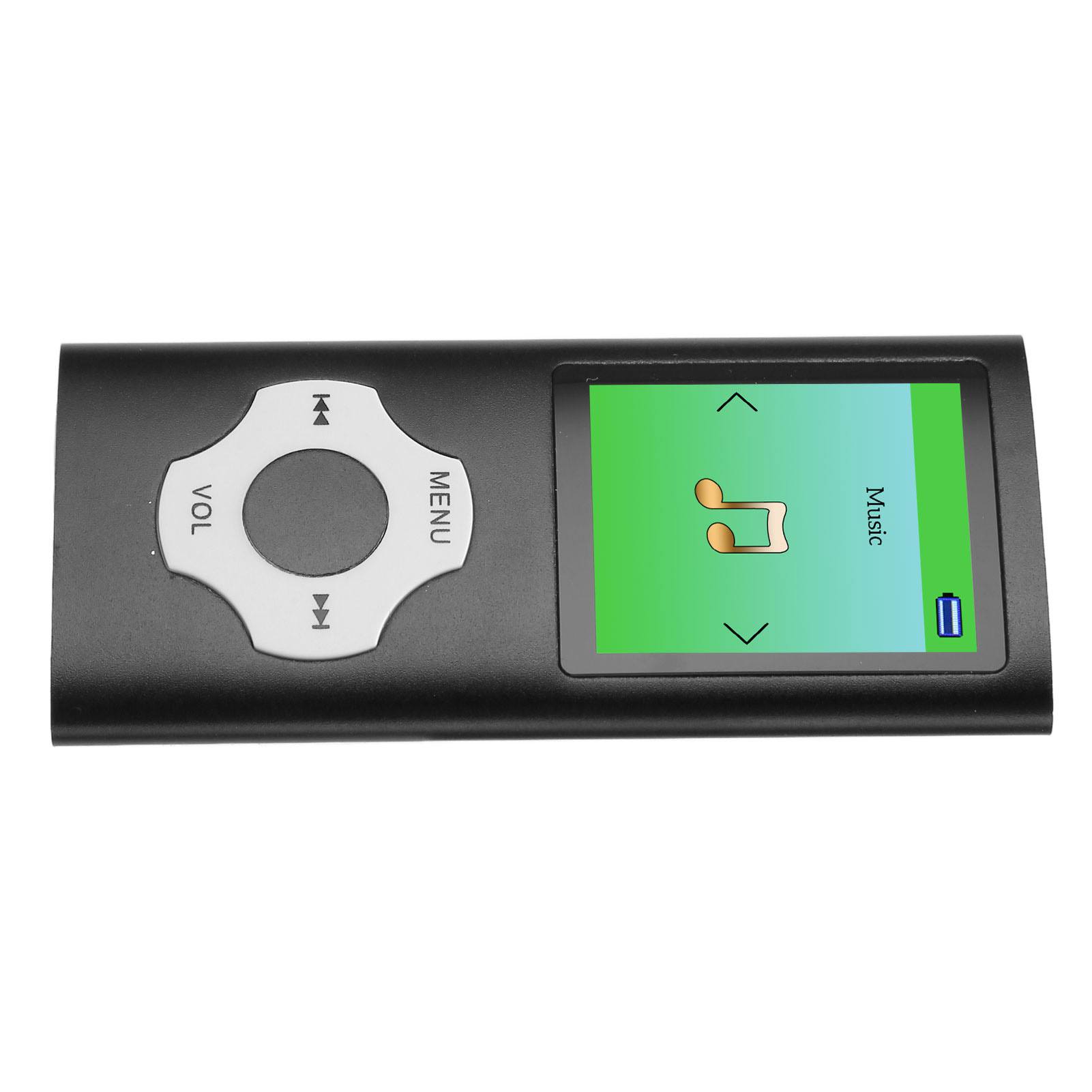 Lettore MP3 nero con schermo che mostra una nota musicale. Pulsanti: Vol, Menu e frecce.