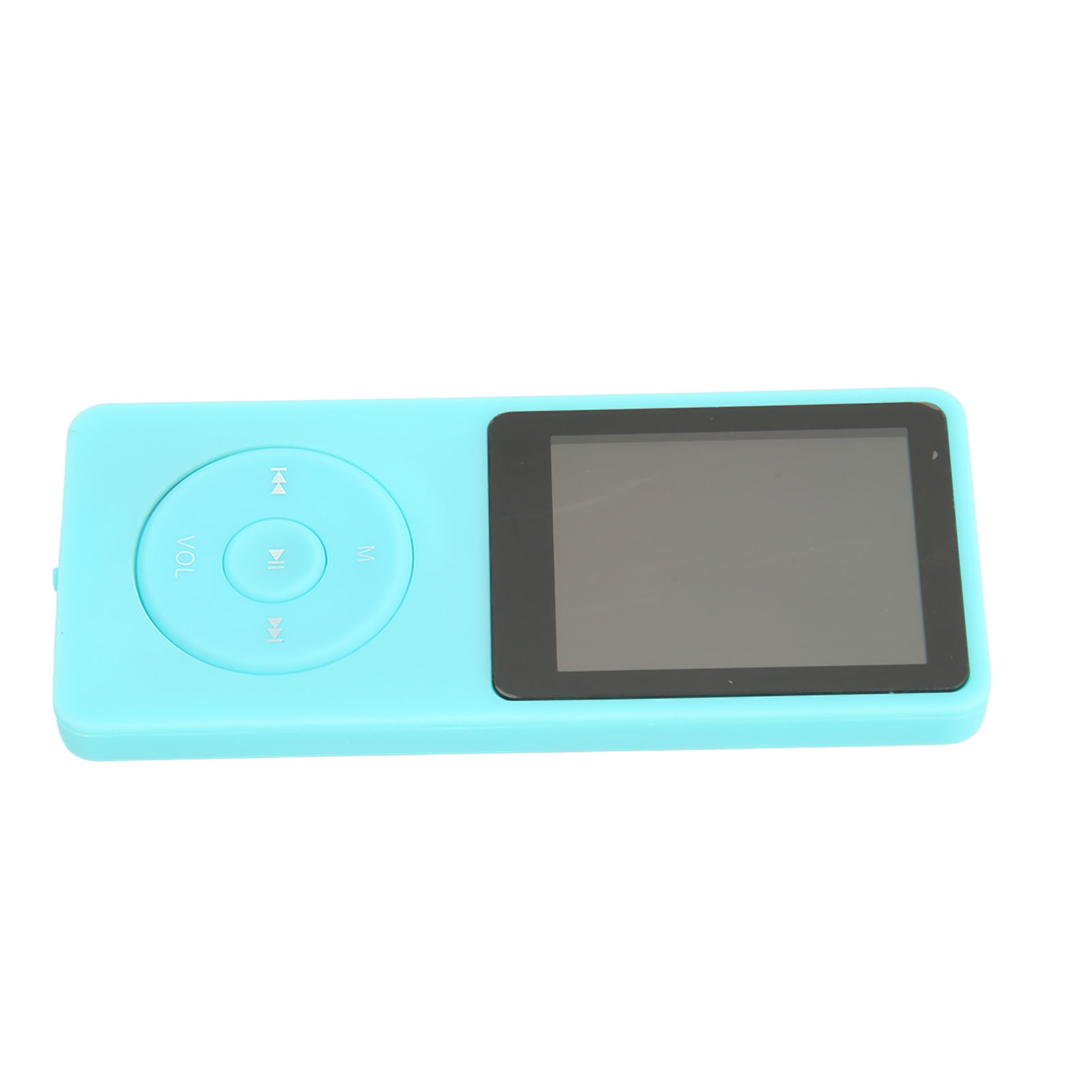 Türkisfarbener MP3-Player mit schwarzem Bildschirm und Knöpfen. Funktionen umfassen Lautstärke und Navigation.