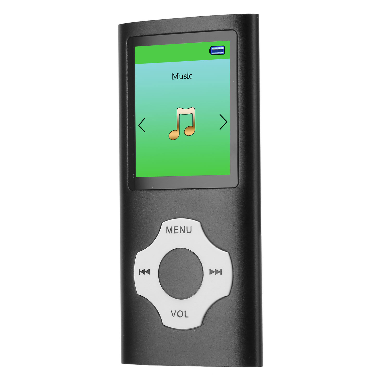 Un lettore MP3 nero con uno schermo che mostra un'icona musicale. Ha pulsanti di controllo.