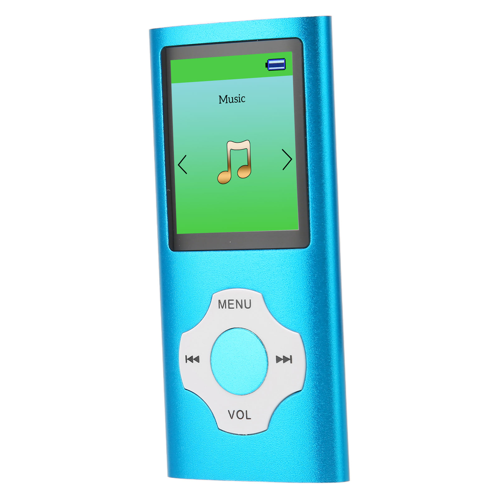 Blauer MP3-Player. Der Bildschirm zeigt Musikinformationen an. Menü- und Lautstärketasten. Einfaches Design, kompakte Größe.