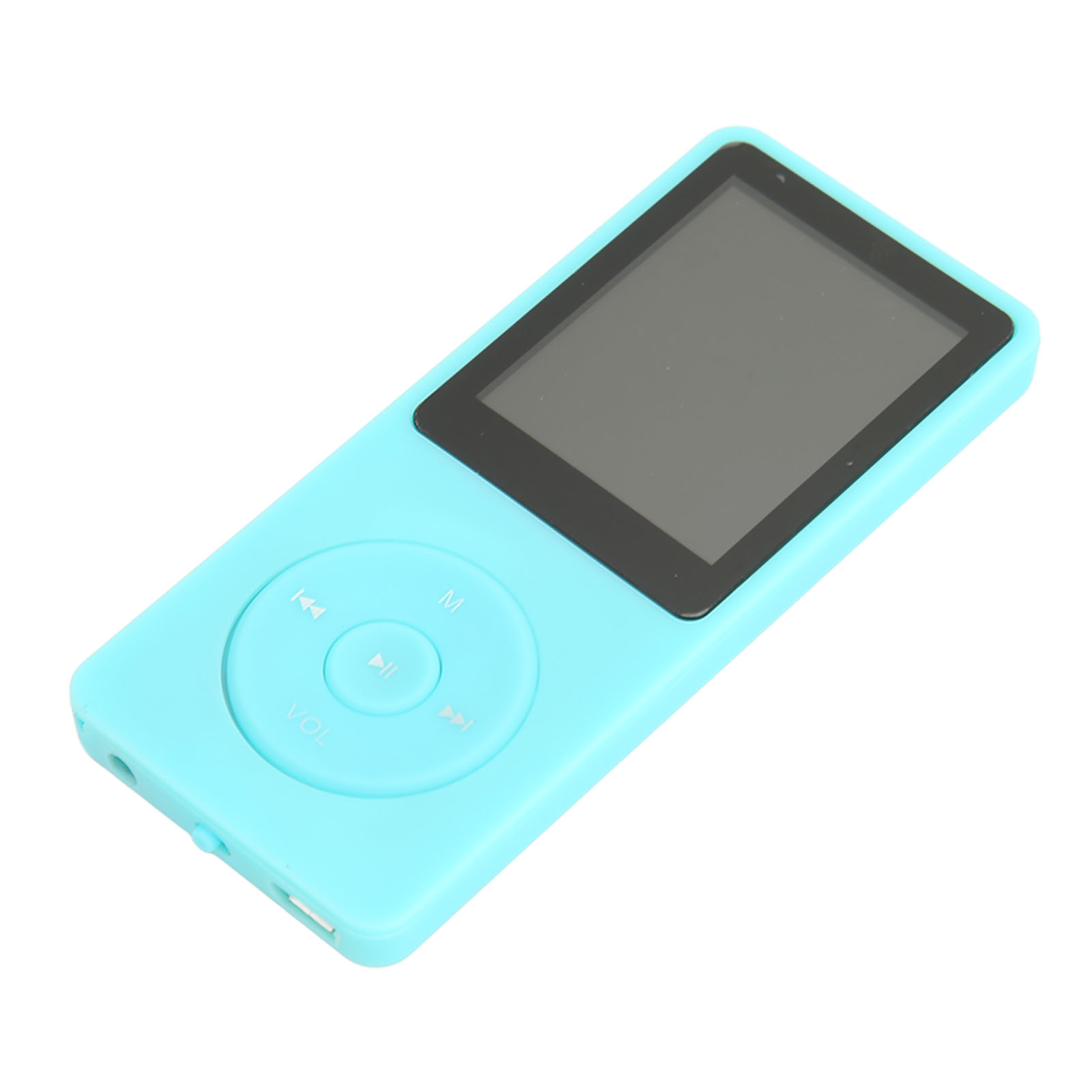 Ein hellblauer MP3-Player mit Knöpfen und einem kleinen schwarzen Bildschirm. Das Design ist einfach.