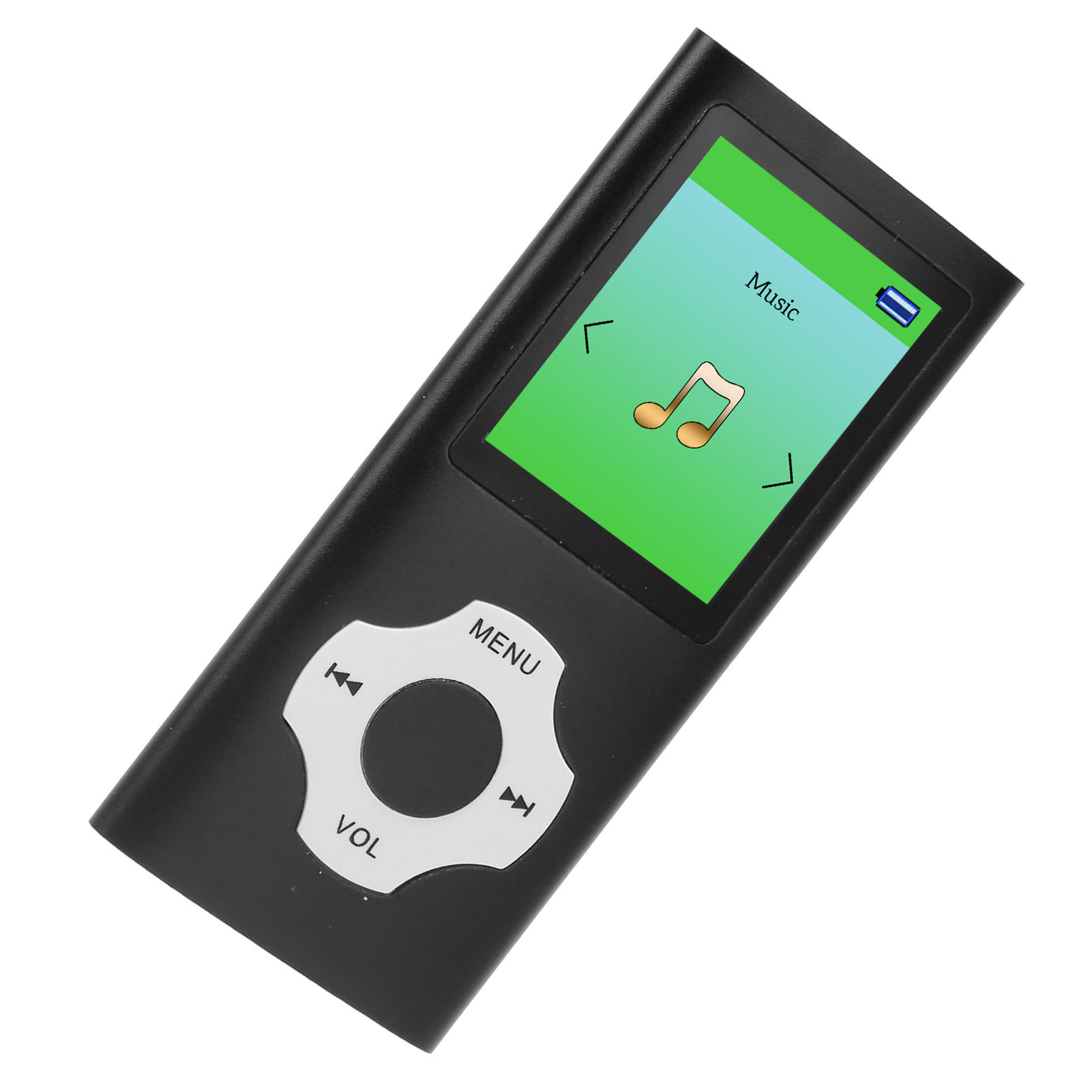 Un lettore MP3 nero con schermo e pulsanti. Lo schermo mostra un'icona di nota musicale.
