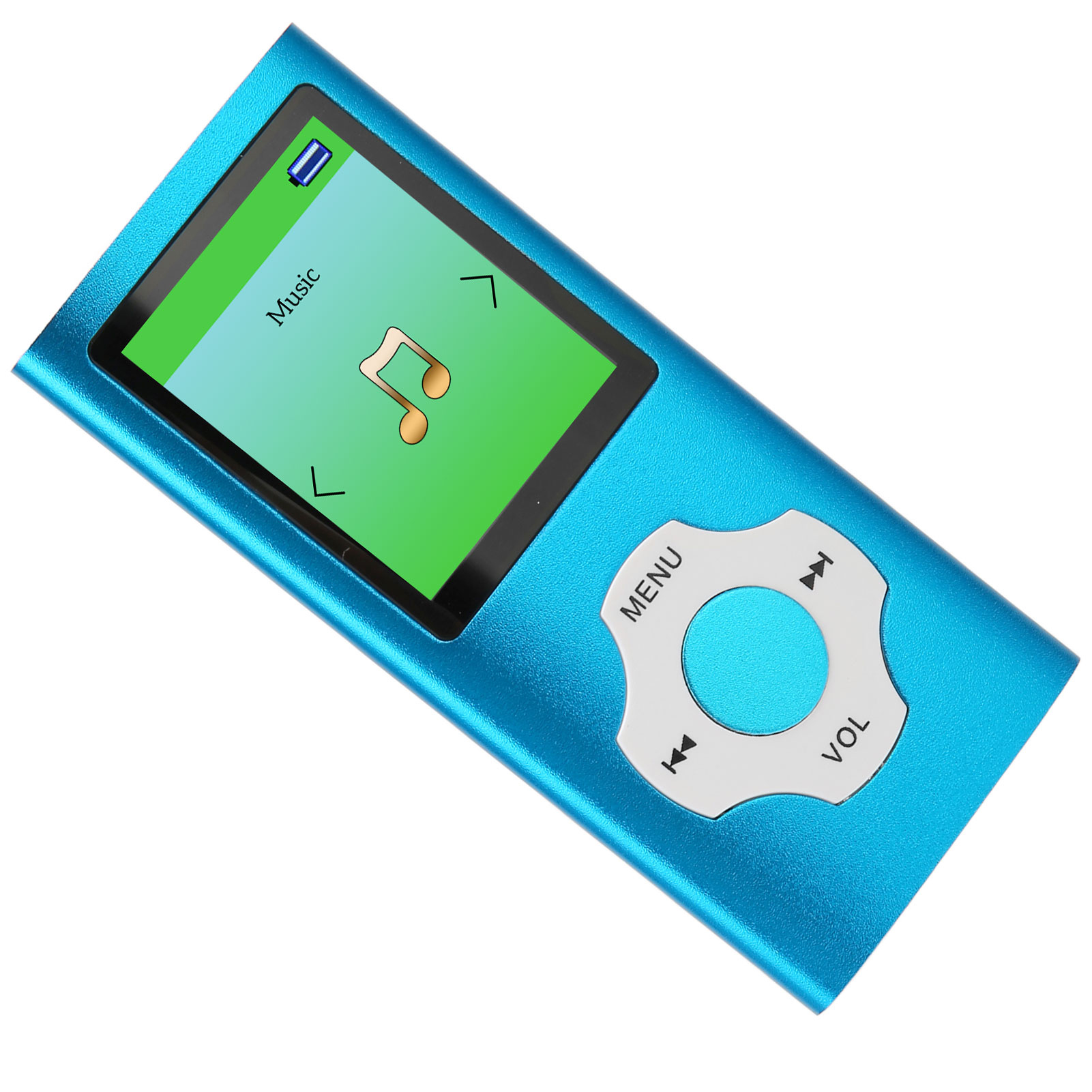 Blauer MP3-Player mit Bildschirm, der eine Musikoberfläche anzeigt. Er hat Steuertasten für Menü und Lautstärke.