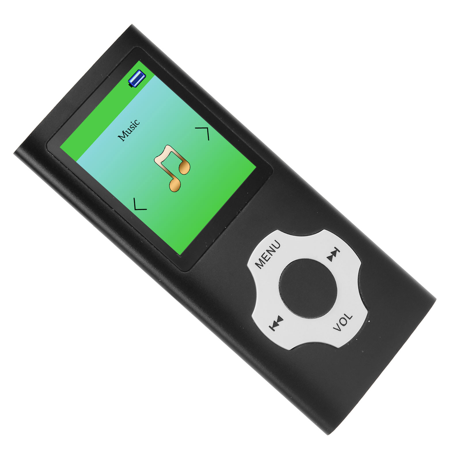 Lettore MP3 nero con schermo che mostra i controlli musicali.