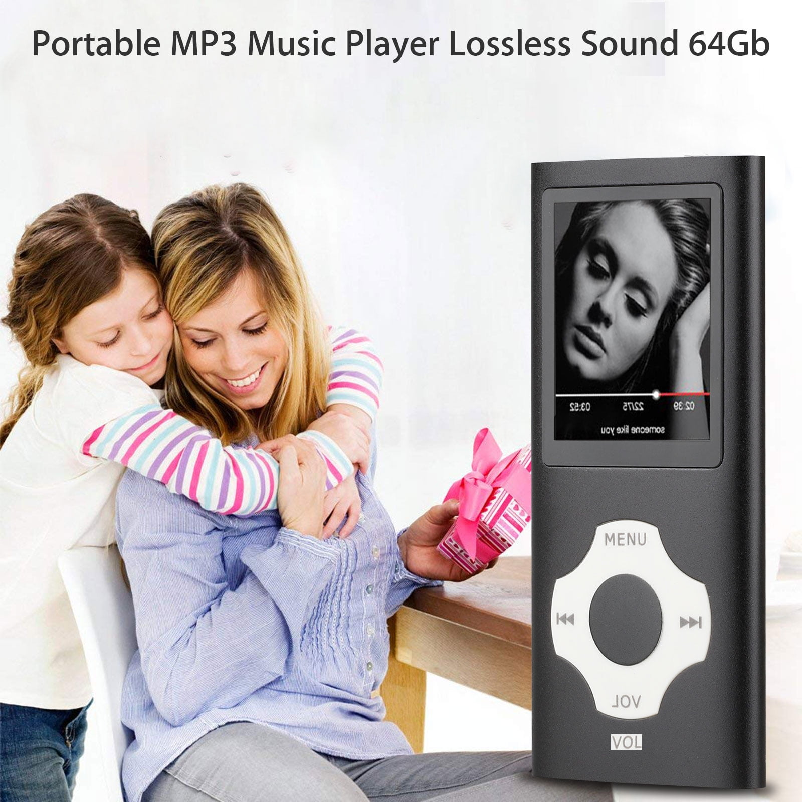 Frau und Kind halten einen schwarzen MP3-Player. Der Player zeigt ein Frauengesicht auf dem Bildschirm.