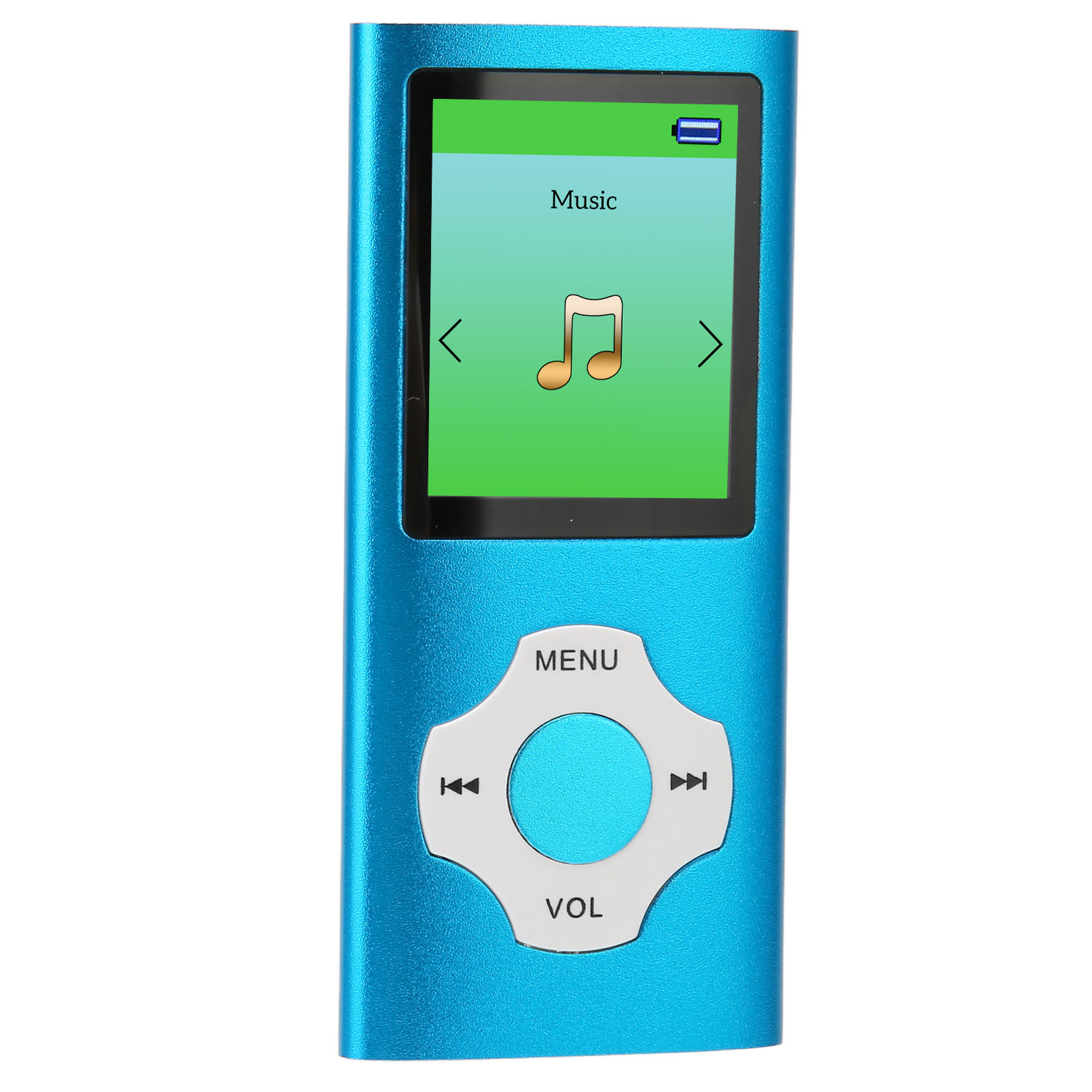 Blauer MP3-Player mit Bildschirm, der eine Musikoberfläche und Steuertasten anzeigt.