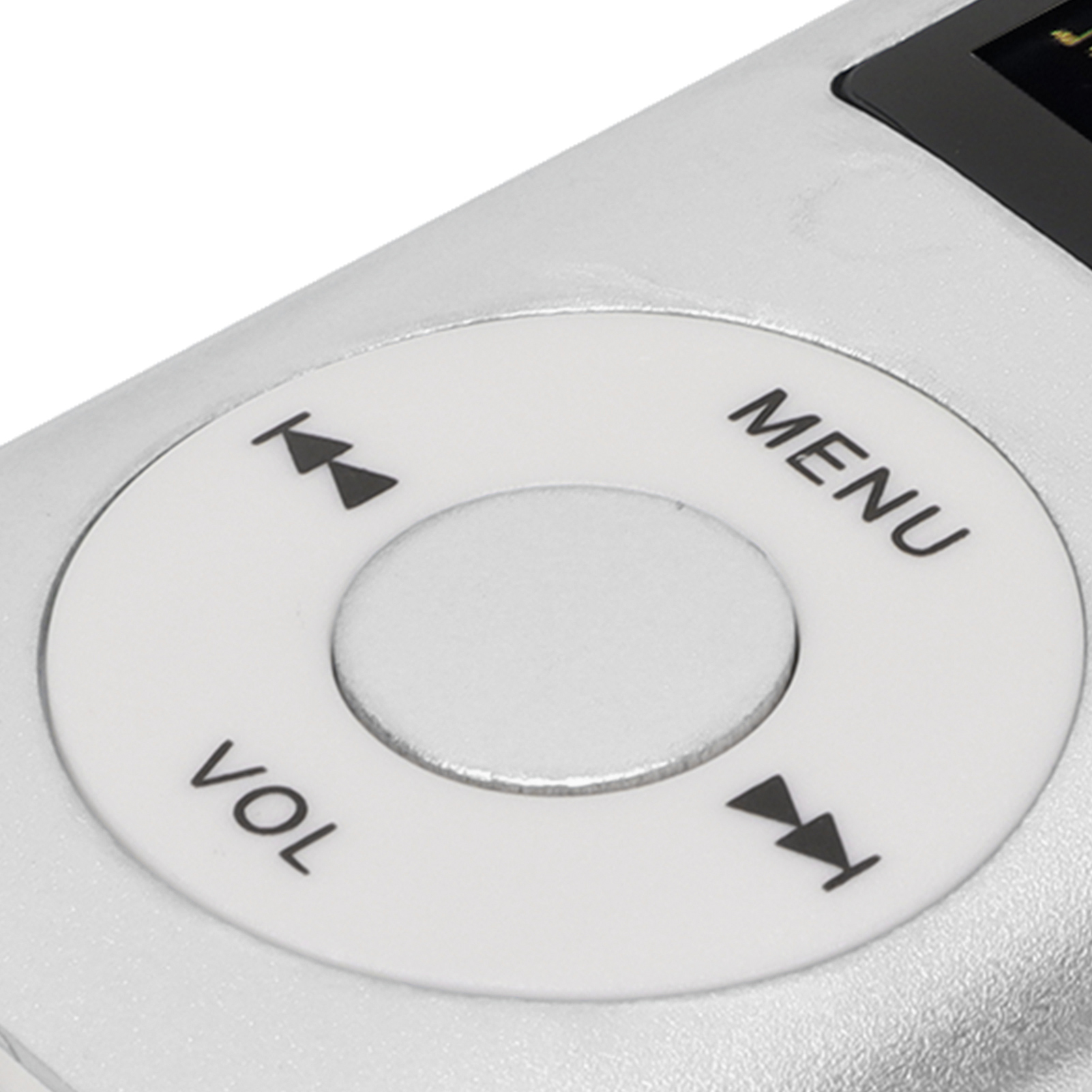 Ein silberner MP3-Player mit einem runden Bedienelement. Text: Menü, Lautstärke und Wiedergabe/Überspringen-Tasten.