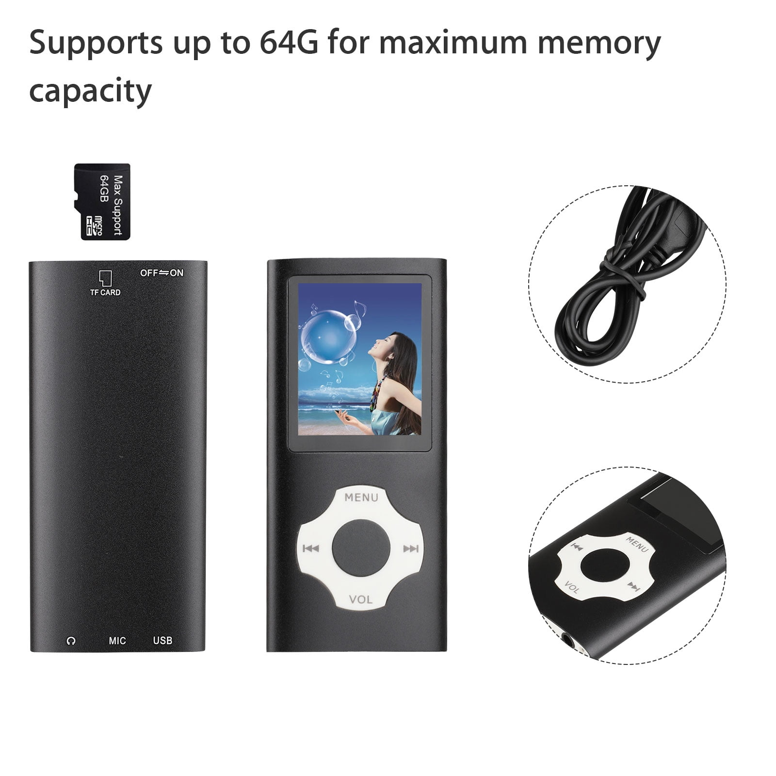 Schwarzer MP3-Player mit Bildschirm, SD-Karte und Ladekabel. Seitenansicht mit Bedienelementen.