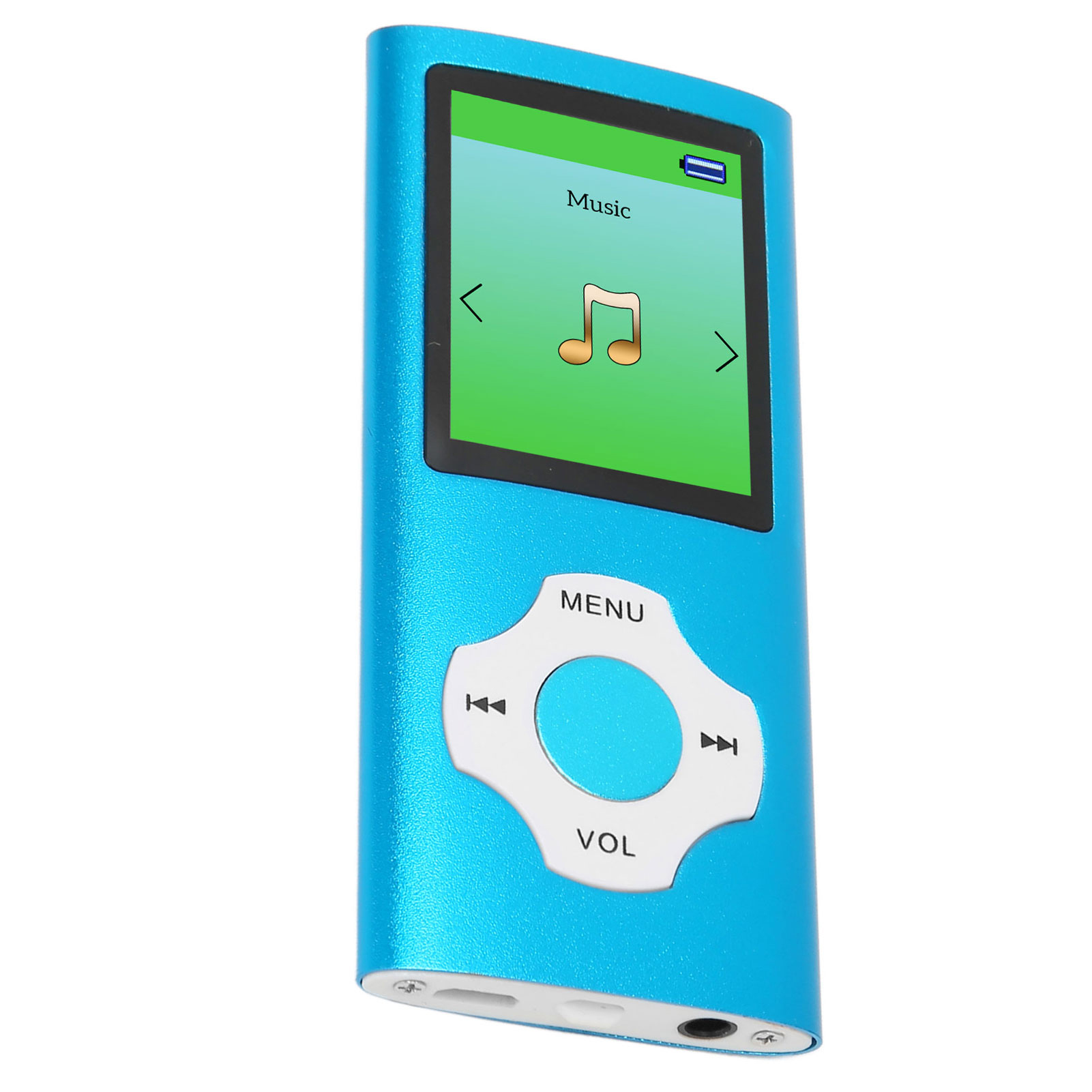 Ein blauer MP3-Player mit einem Bildschirm, der Musiksteuerung zeigt.