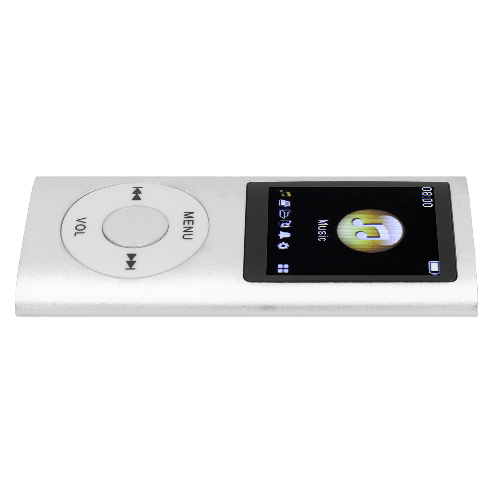 Silberner MP3-Player. Es hat einen Bildschirm mit Musikinfos und Tasten für Lautstärke und Navigation.