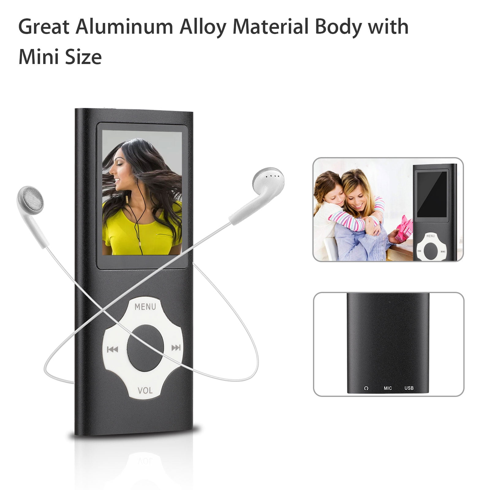 Schwarzer MP3-Player mit Bildschirm, Kopfhörern und zwei Bildern. Der Player hat Menü- und Lautstärketasten.