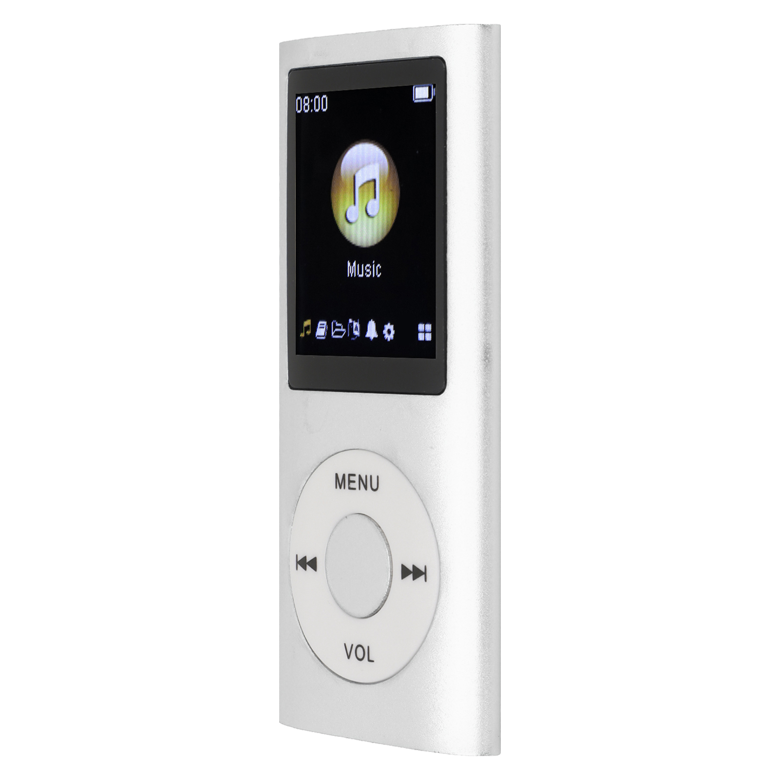 Silberner MP3-Player mit Bildschirm, der ein Musiksymbol und die Uhrzeit anzeigt, darunter Menü- und Lautstärketasten.