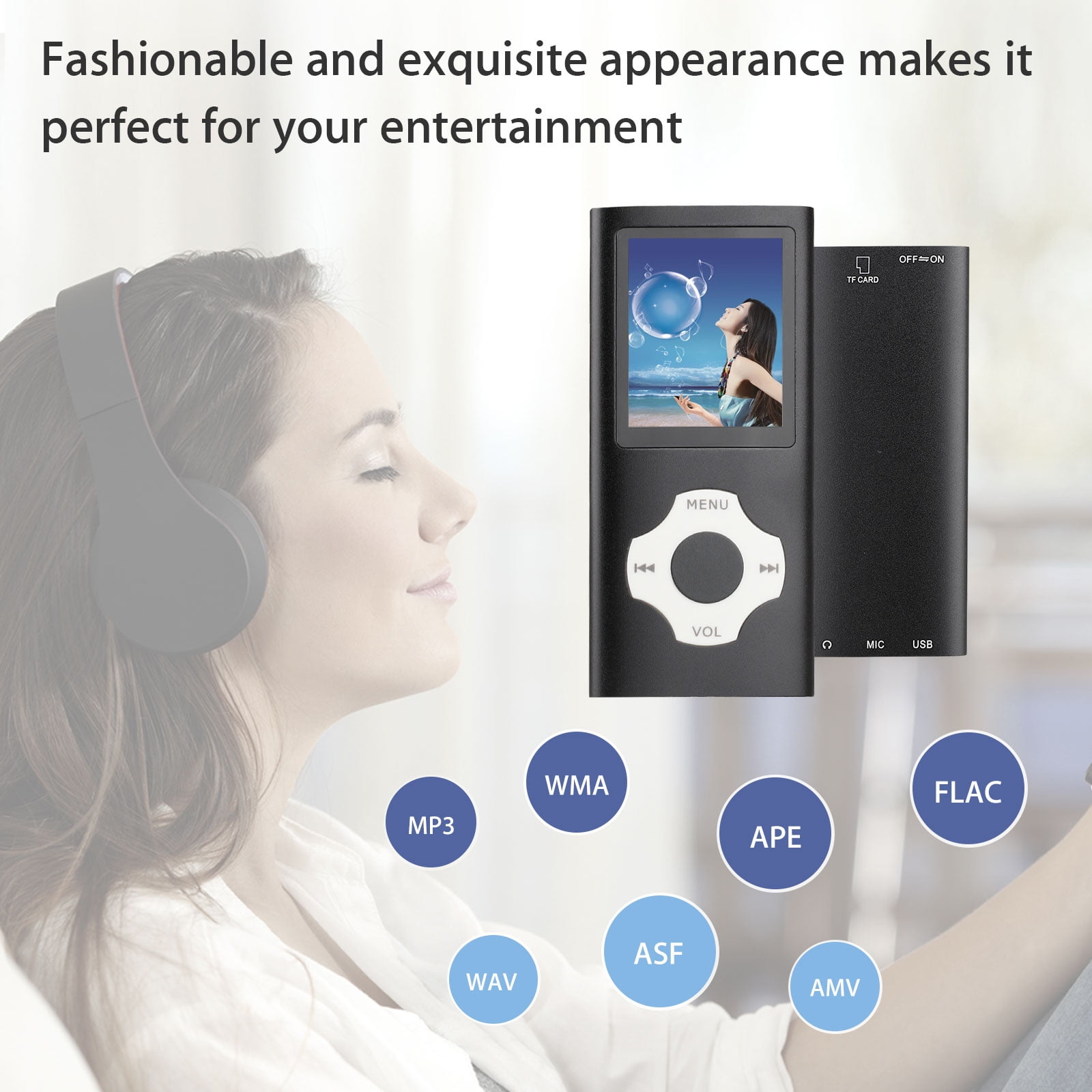 Schwarzer MP3-Player mit Bildschirm, Kopfhörern und Musikformat-Symbolen. Frau hält den Player in der Hand.