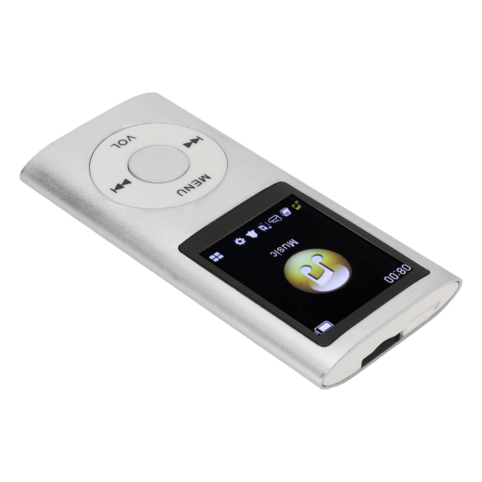 Silberner MP3-Player mit Bildschirm. Der Bildschirm zeigt die Musikoberfläche.