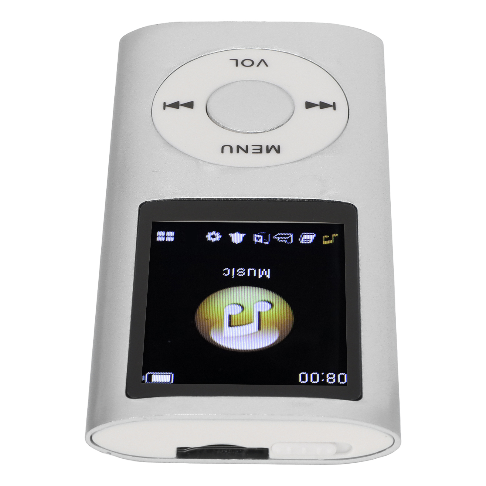Ein silberner MP3-Player mit einem Bildschirm, der ein Musiknoten-Symbol und Steuertasten zeigt.