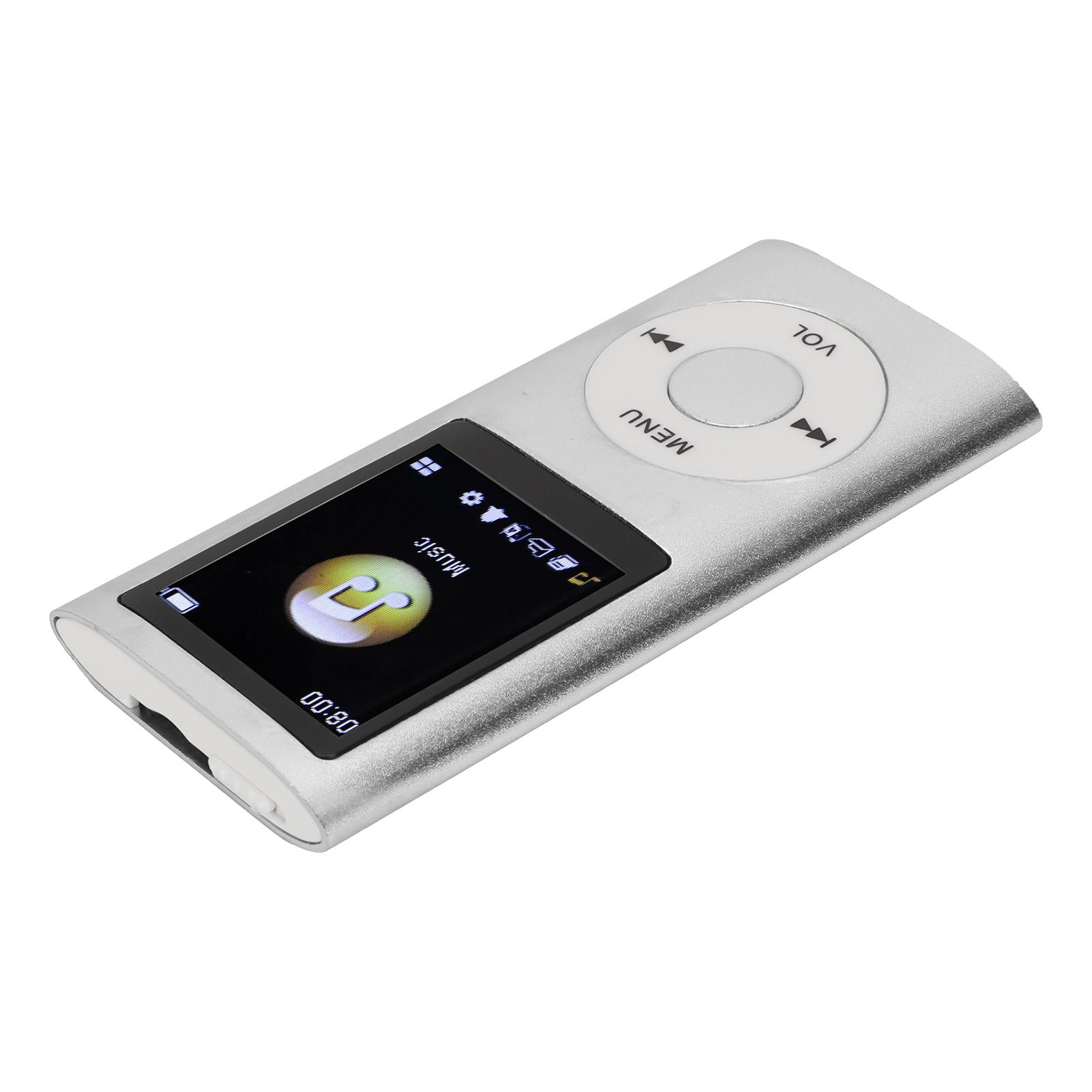 Ein silberner MP3-Player mit Bildschirm und Knöpfen. Der Bildschirm zeigt die Musikoberfläche und die Uhrzeit an.