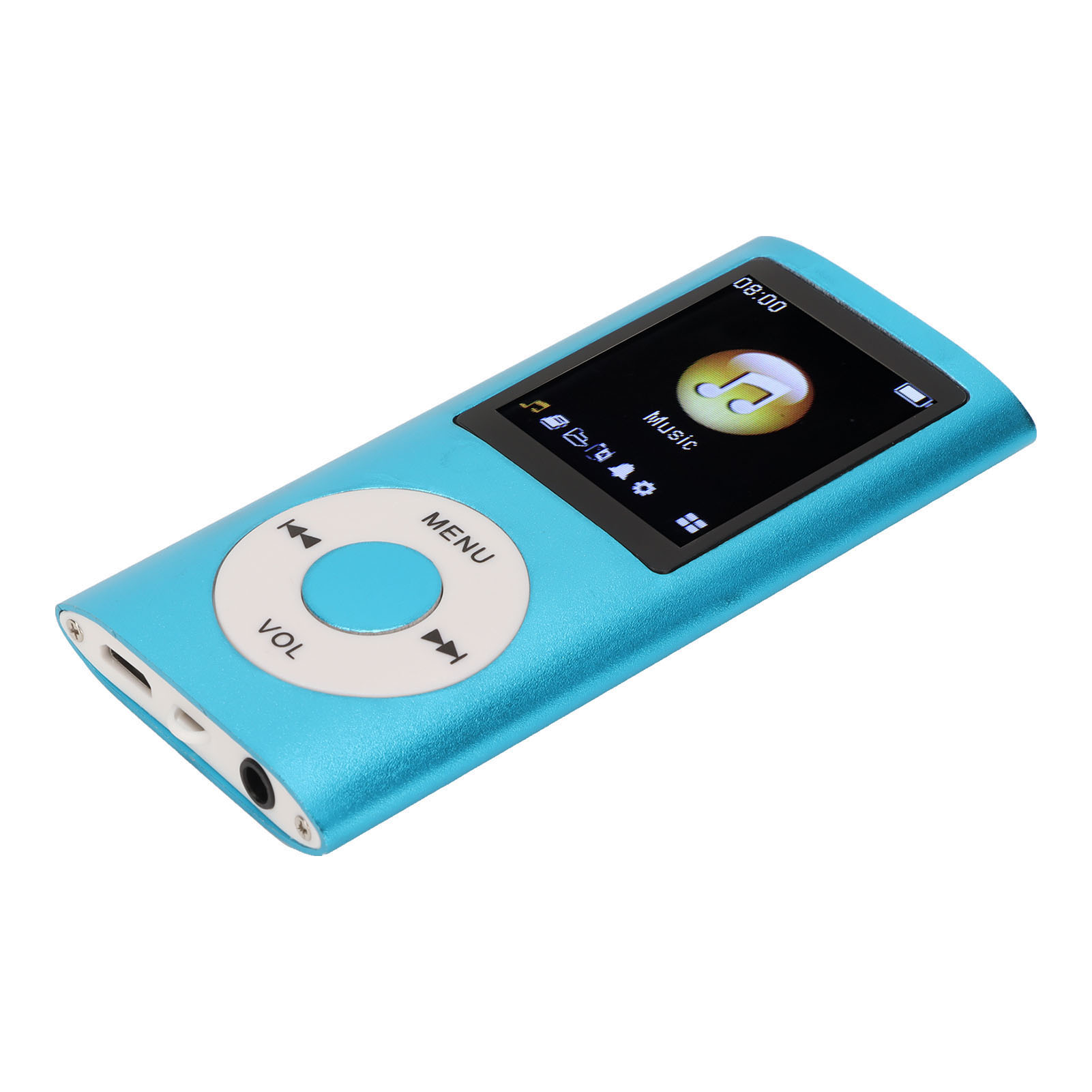Blauer MP3-Player, der ein Musiksymbol und die Uhrzeit anzeigt. Hat Menü- und Lautstärketasten und einen Bildschirm.