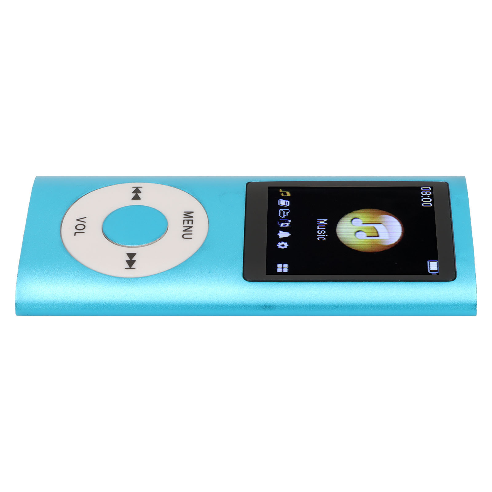 Ein blauer MP3-Player mit einem Bildschirm, der die Musikoberfläche und die Uhrzeit anzeigt. Knöpfe auf dem weißen Kreis.