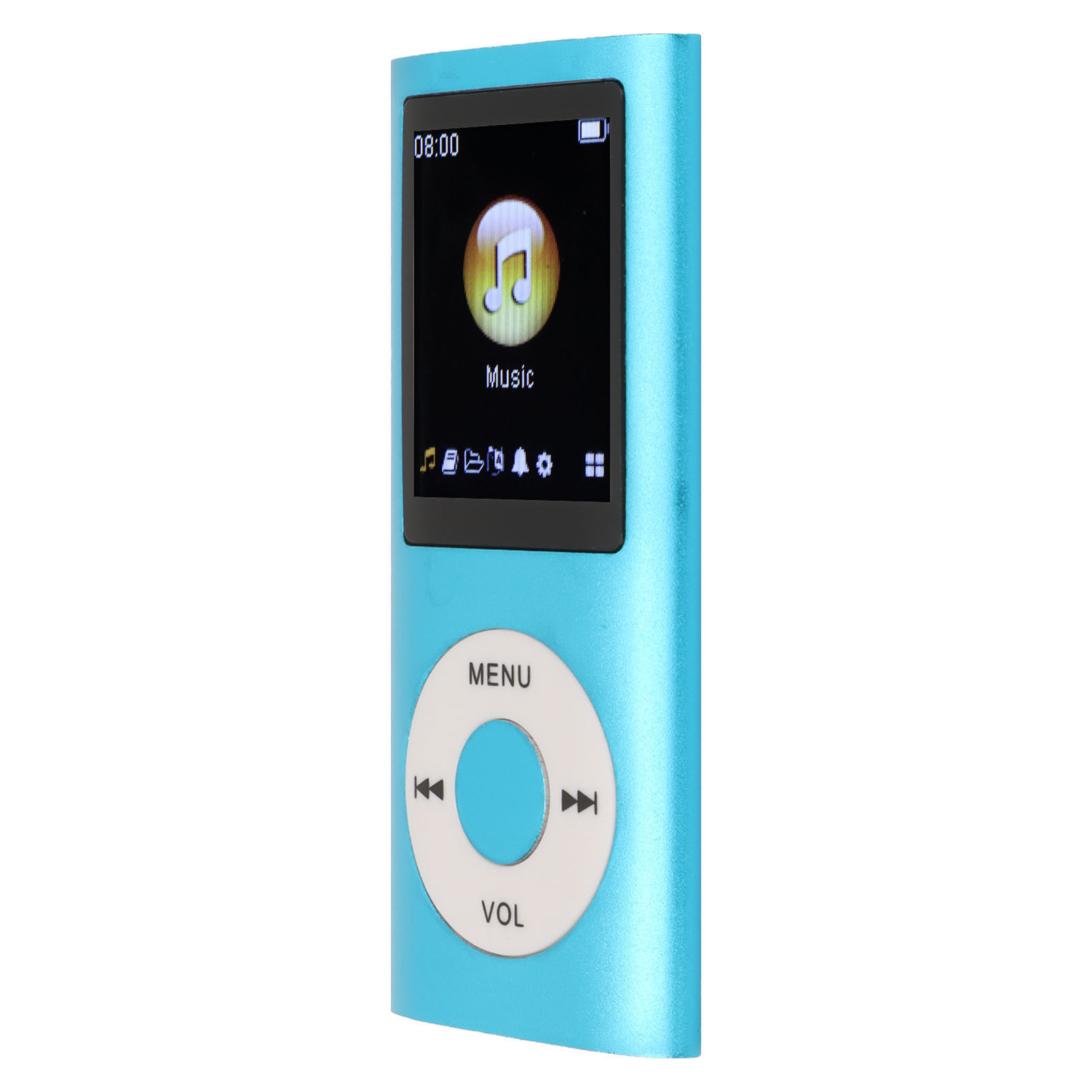 Blauer MP3-Player, der eine Musiknote auf dem Bildschirm anzeigt. Hat Tasten für Menü, Lautstärke und Überspringen.