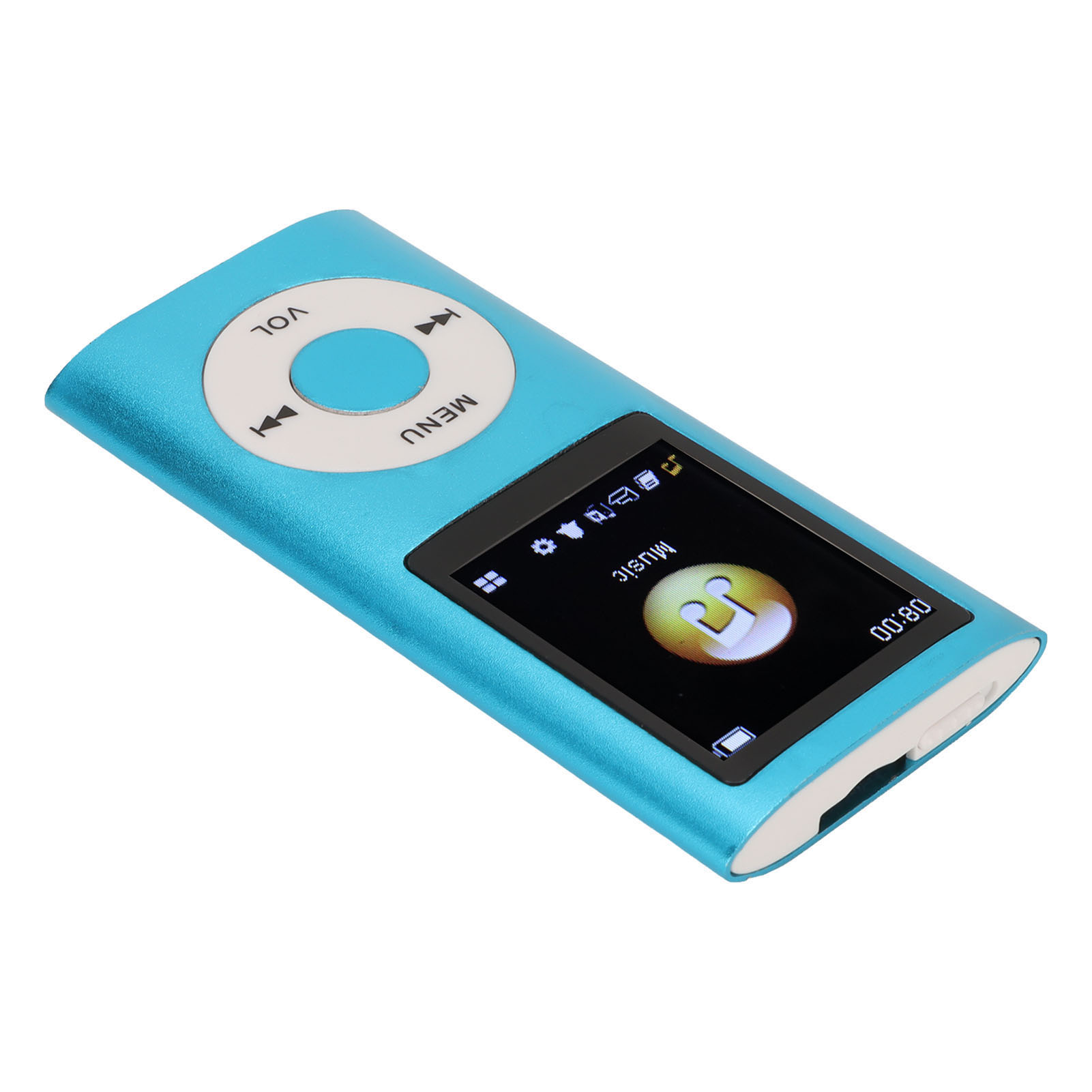 Blauer MP3-Player mit Knöpfen und einem Bildschirm. Der Bildschirm zeigt ein Musiksymbol und die Aufschrift 'Musik'.