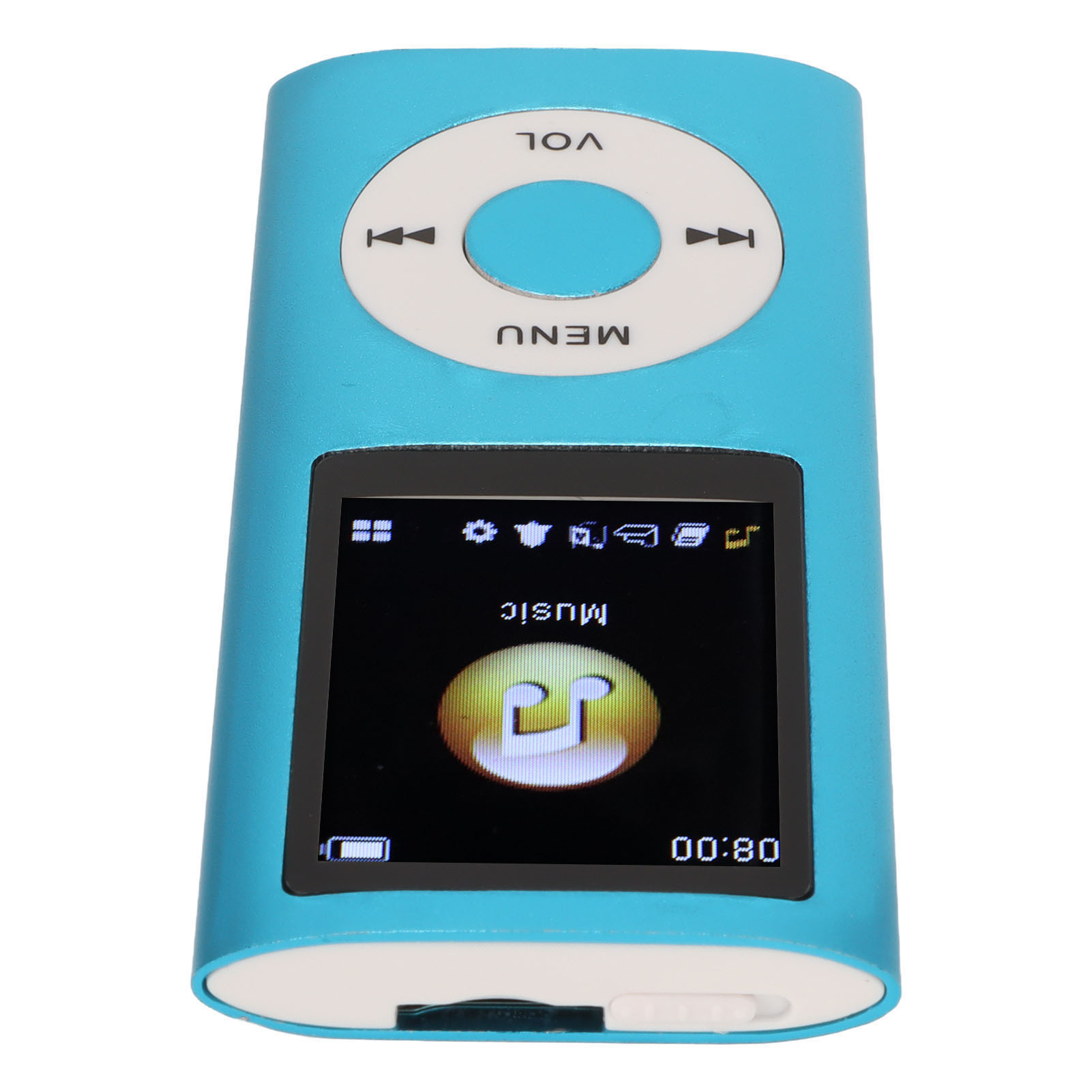Blauer Musikplayer. Bildschirm zeigt eine Musiknote. Bedienelemente umfassen Lautstärke, Menü und Skip-Tasten.