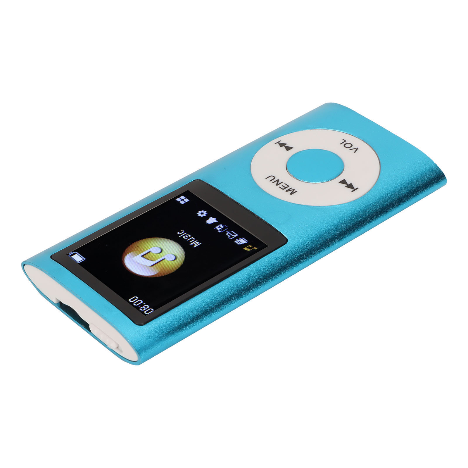Blauer MP3-Player mit Bildschirm, der Musikinformationen anzeigt. Weißer Hintergrund.