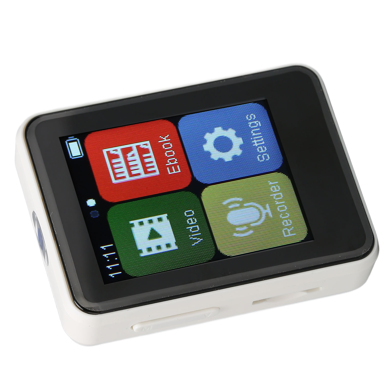 Weißer MP3-Player mit Bildschirm, der Menüsymbole anzeigt, mit Steuertasten.