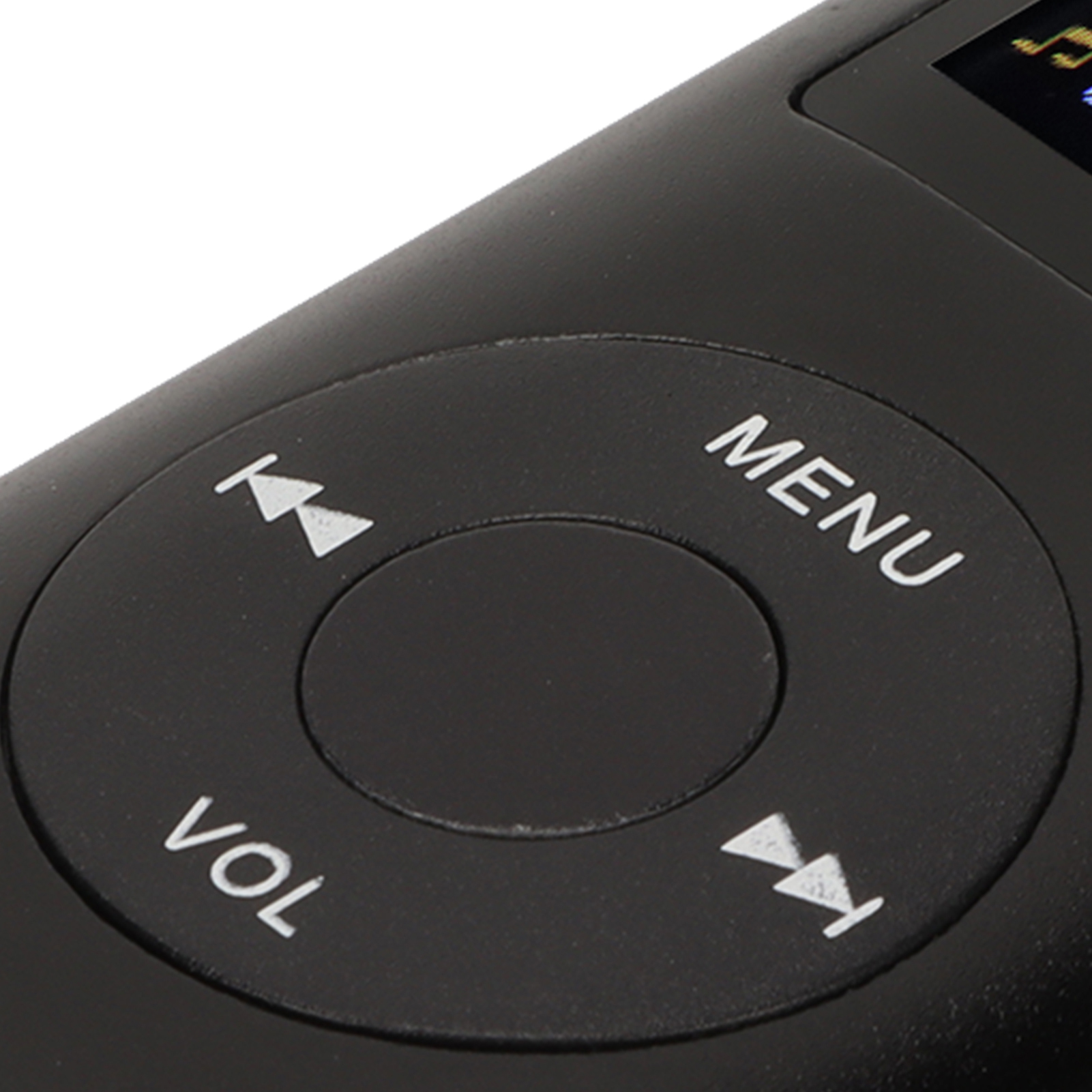 Nahaufnahme der Steuertasten eines MP3-Players. Zu den Tasten gehören Wiedergabe, Menü, schneller Vorlauf und Lautstärke.