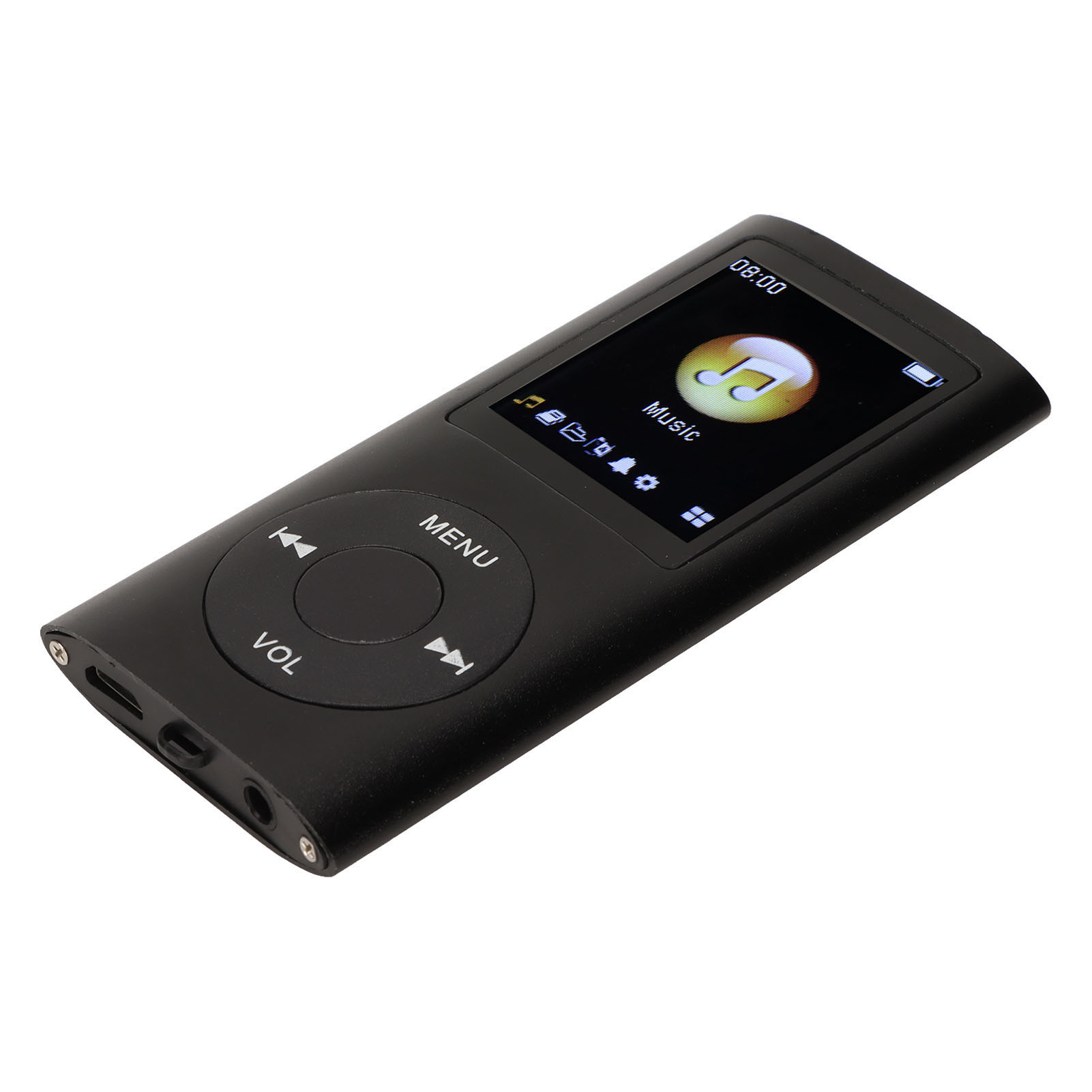 Schwarzer MP3-Player mit Bildschirm. Der Bildschirm zeigt ein Musiksymbol und Songtitel. Weißer Hintergrund.