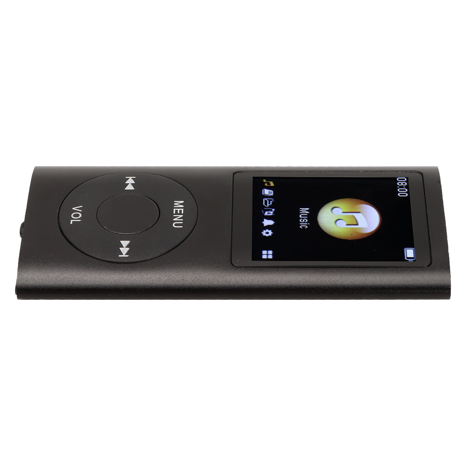 Schwarzer MP3-Player mit Bildschirm, der Musikinformationen und Steuertasten anzeigt.