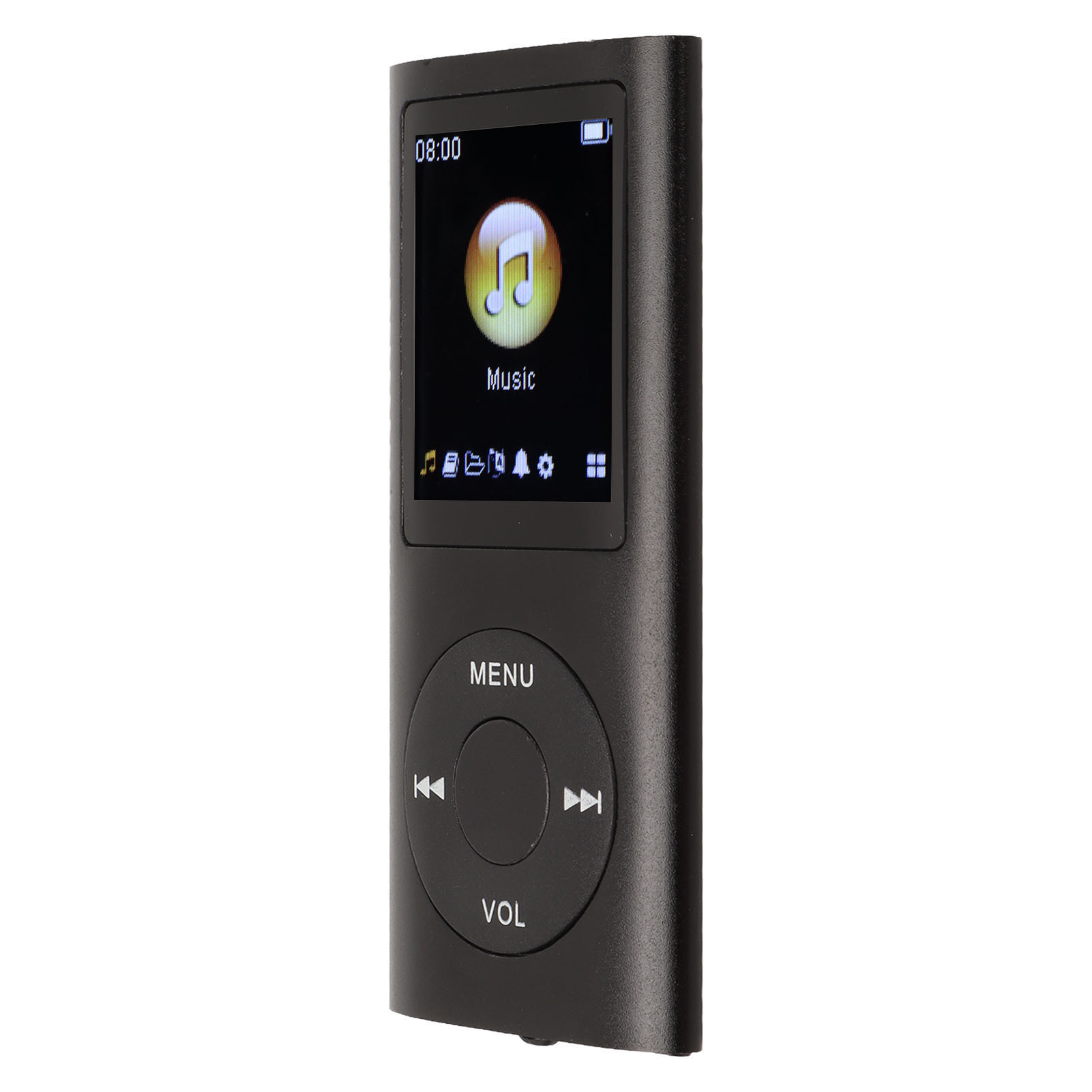 Schwarzer MP3-Player mit Bildschirm, der Musikoptionen anzeigt, darunter Tasten zur Navigation.