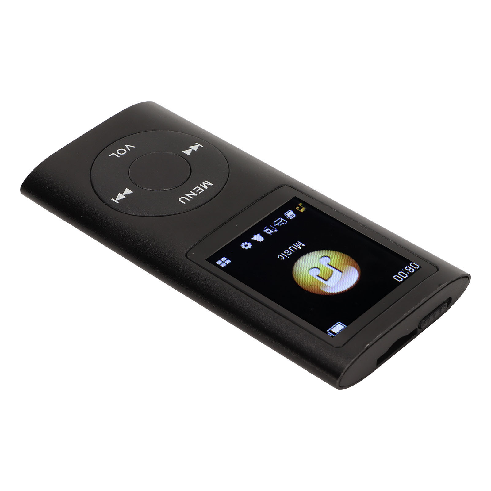 Schwarzer MP3-Player. Display zeigt Musiksymbol und Zeit. Knöpfe: Lautstärke, Menü, Abspielen/Überspringen.