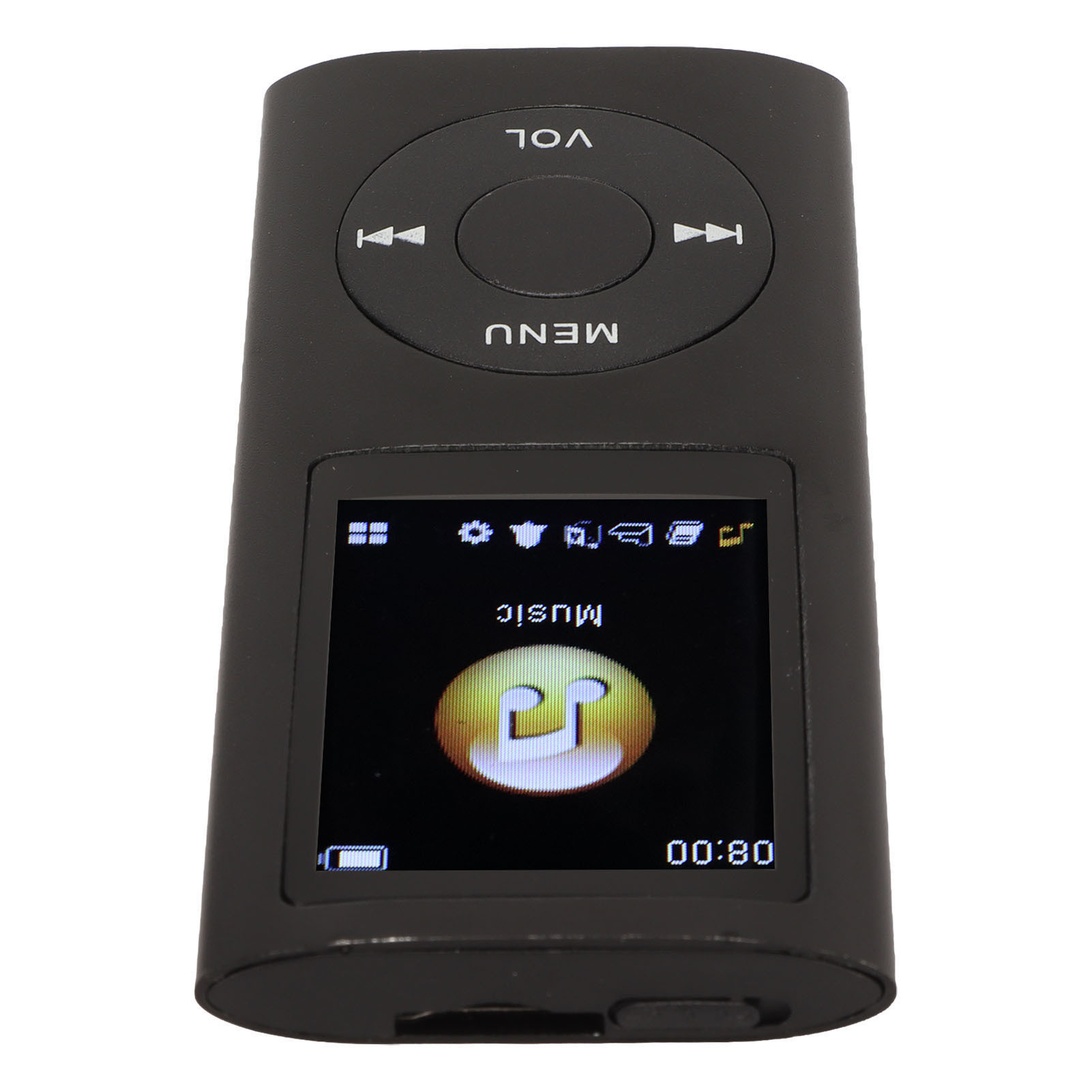 Schwarzer MP3-Player mit Bildschirm, der ein Emoji und die Uhrzeit anzeigt.