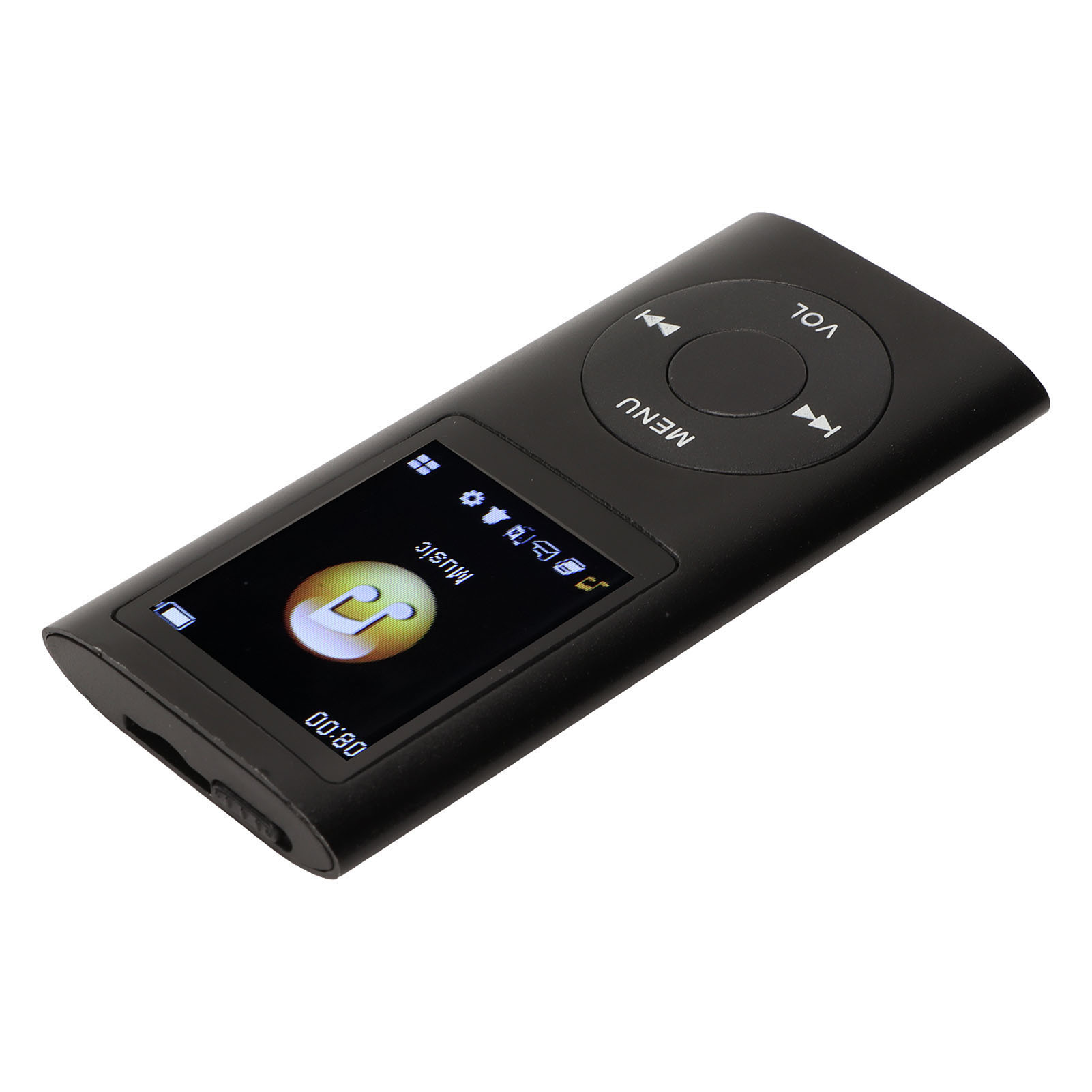 Schwarzer MP3-Player mit Display. Er hat einen Bildschirm, Tasten und ein Menü. Weißer Hintergrund.