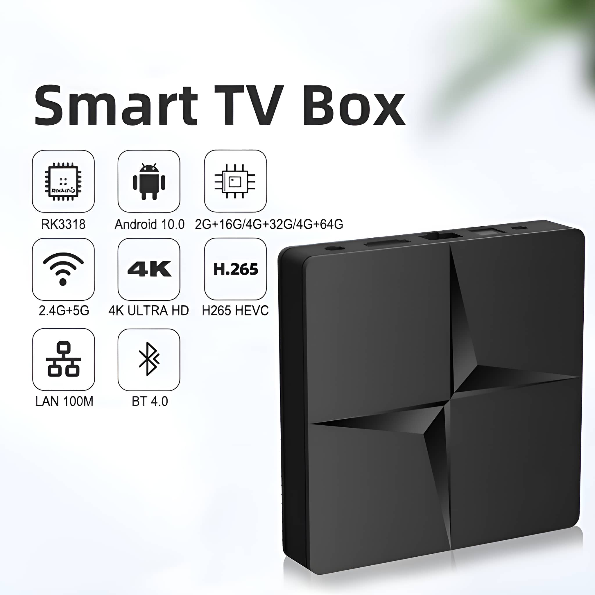 Eine schwarze Smart-TV-Box mit Symbolen, die Funktionen wie Android und 4K zeigen.