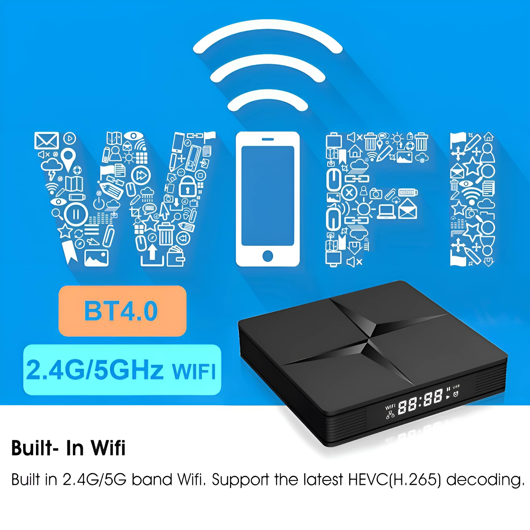 Schwarze TV-Box mit weißem WIFI-Text und Symbolen. Blauer Hintergrund mit Telefonsymbol.