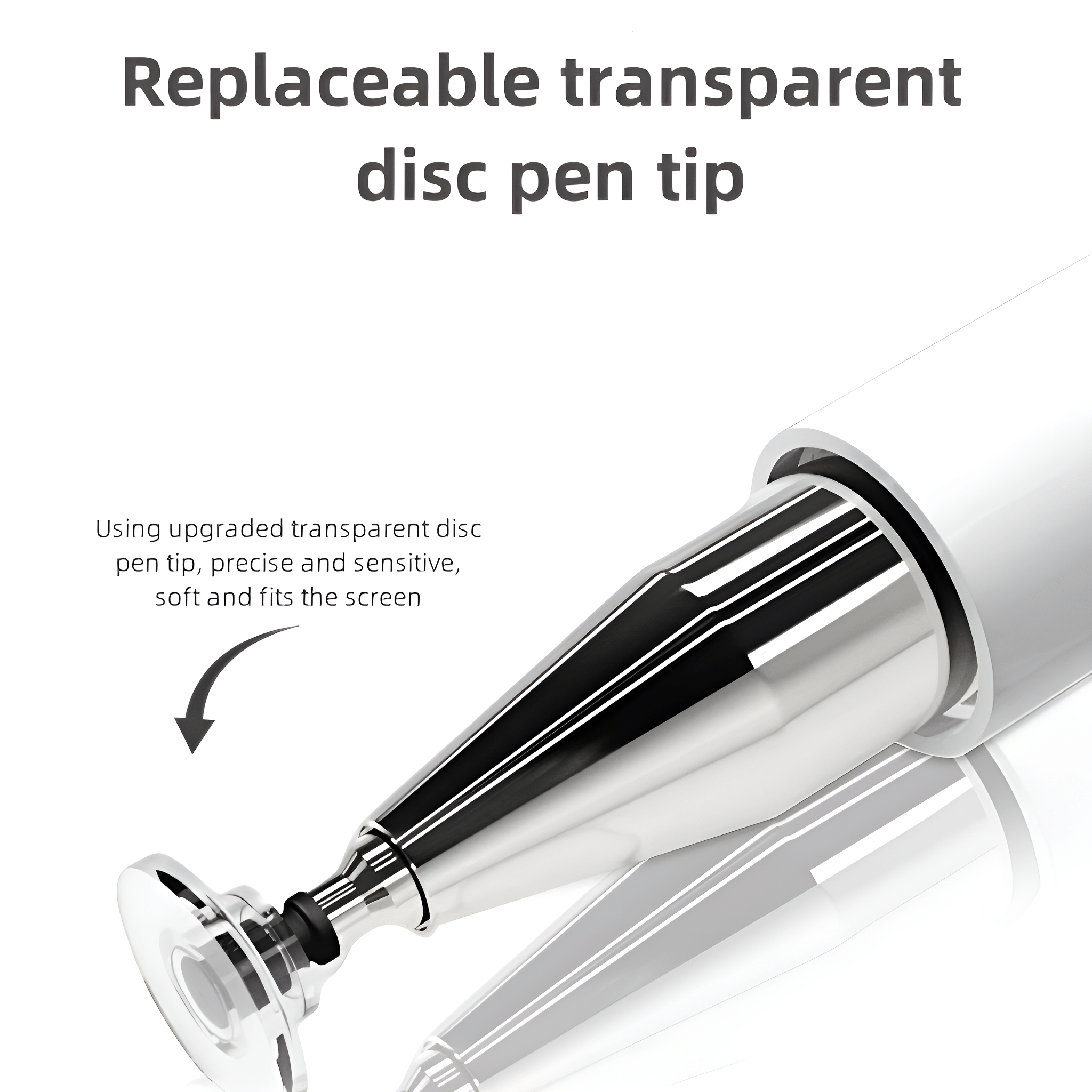 Ein Stylus-Stift mit einer transparenten Scheibenspitze, auf weißem Hintergrund.
