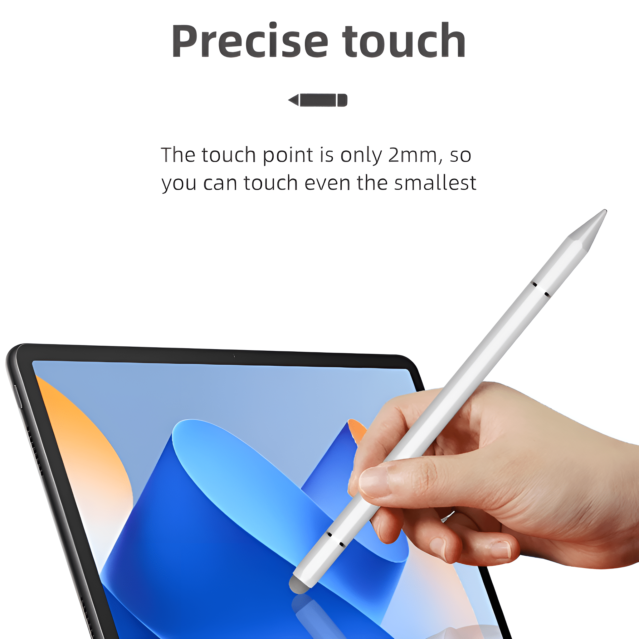 Eine Hand, die einen weißen Stift über einem Tablet hält. Das Tablet zeigt einen blauen Hintergrund.