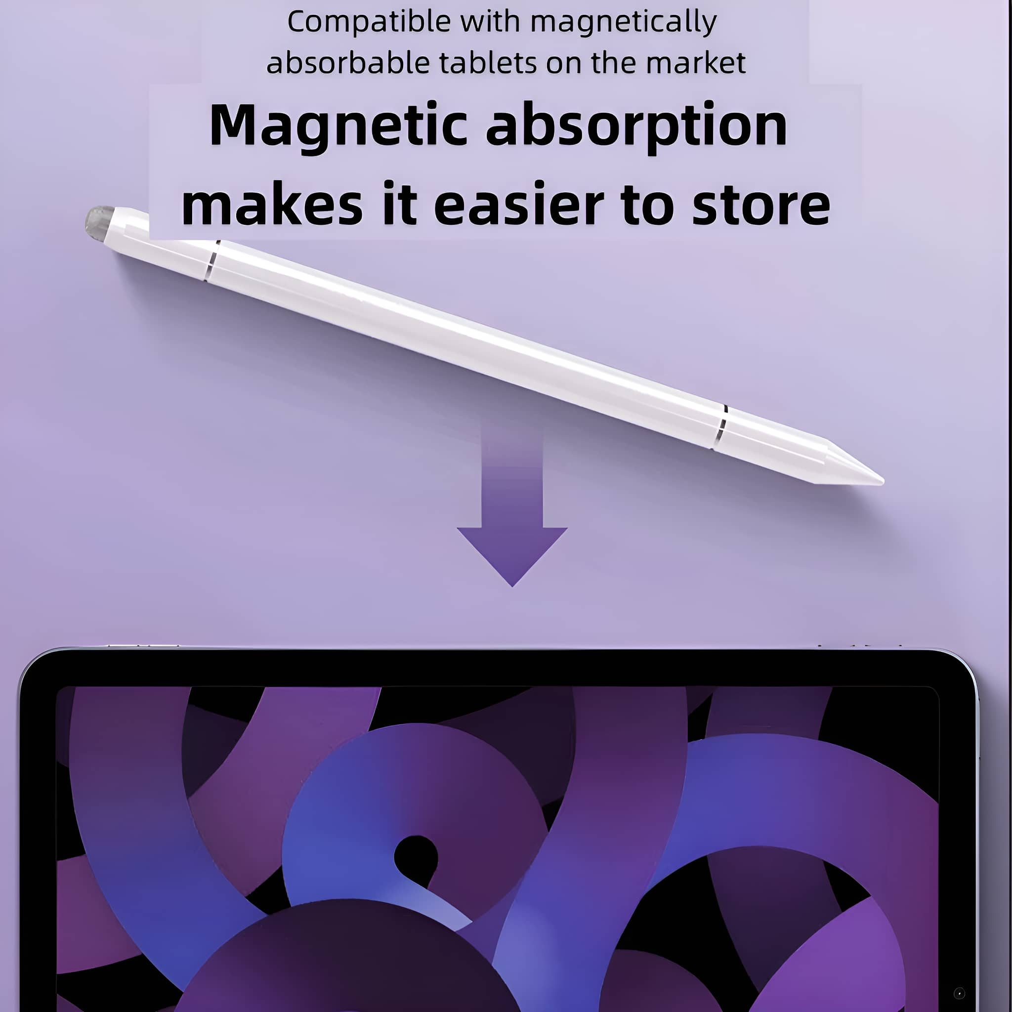 Weißer Stift magnetisch an einem Tablet befestigt. Das Tablet hat einen Bildschirm mit Hintergrund.