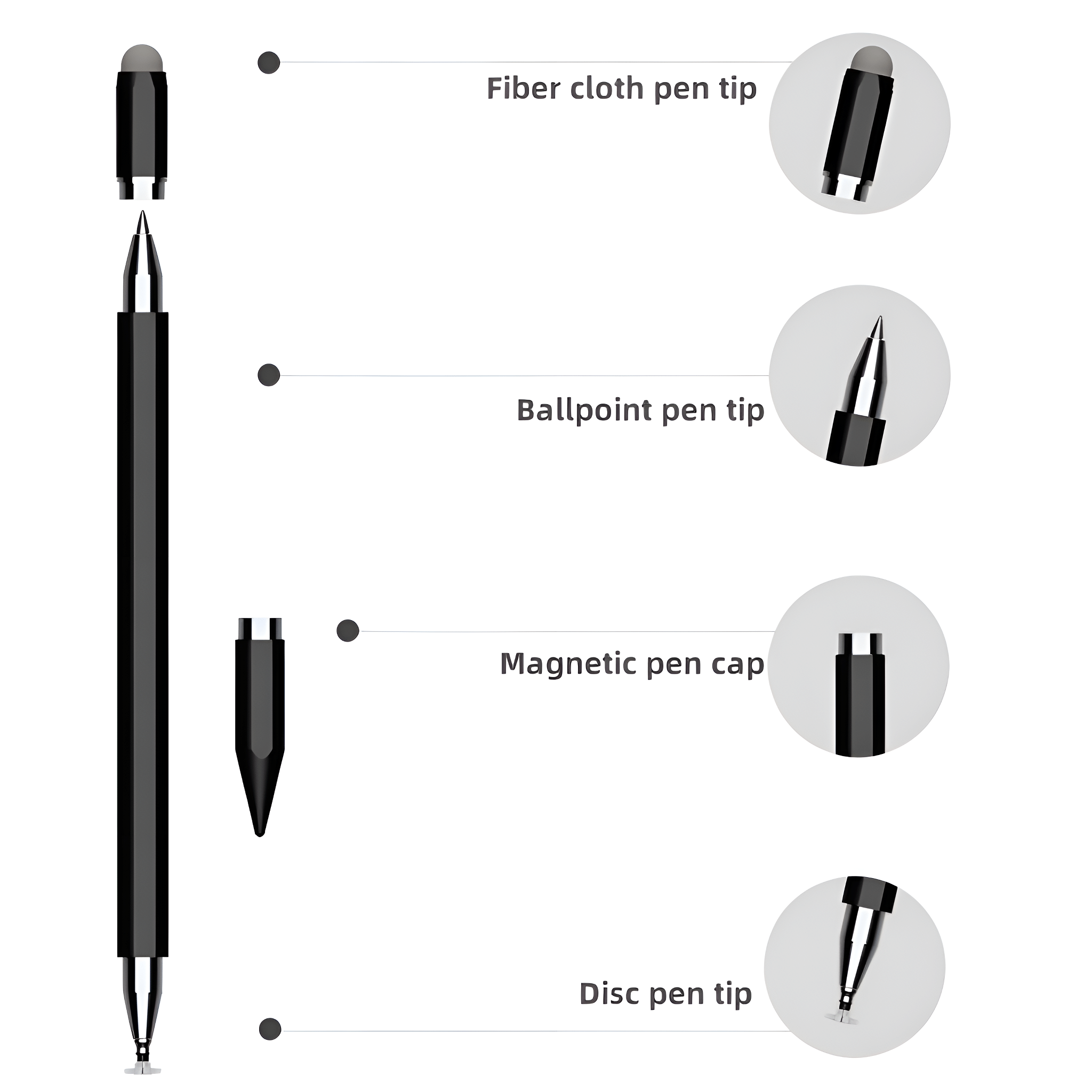 Eingabestift mit verschiedenen Spitzen. Fasertuch, Kugelschreiber, Magnetkappe und Scheibenspitze.