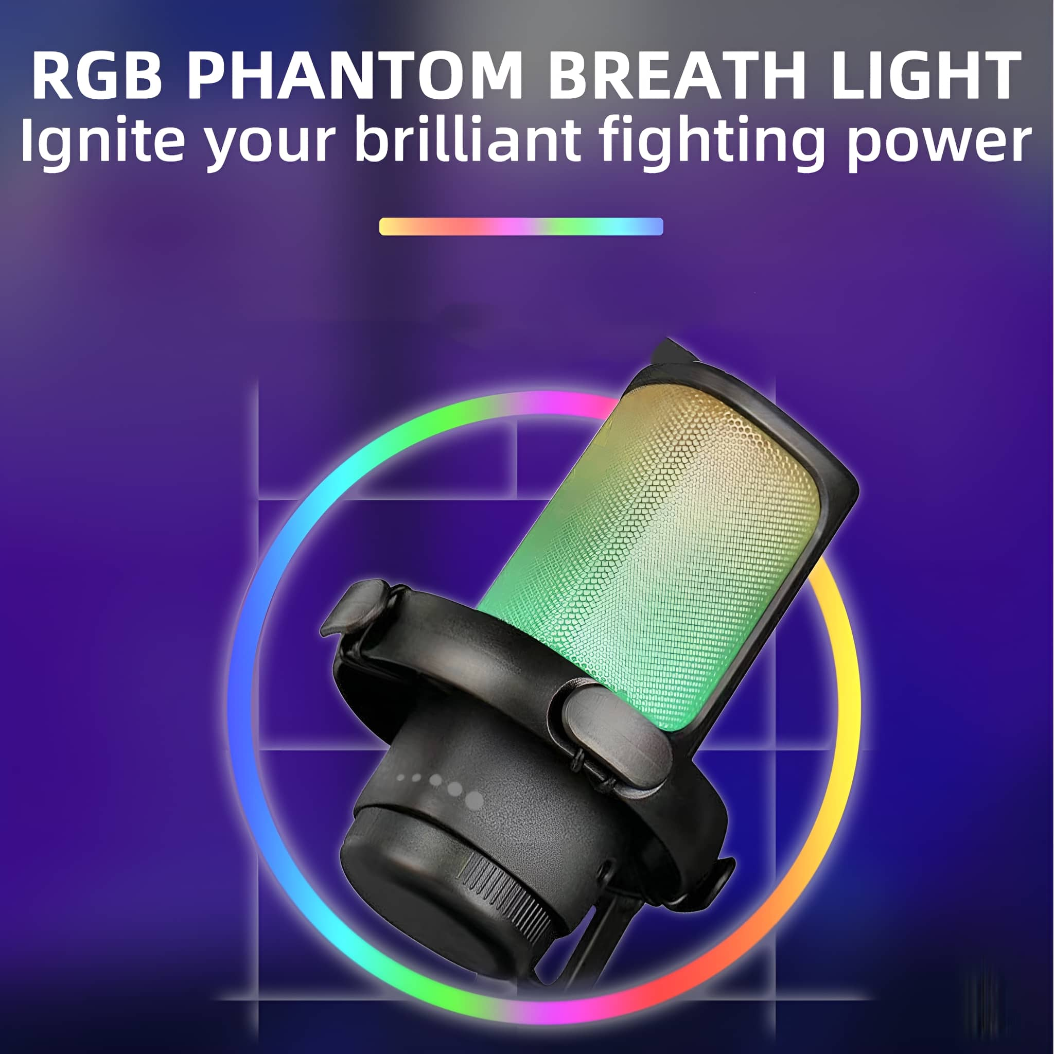 Schwarzes Mikrofon mit RGB-Beleuchtung und farbigem Lichtring darum.