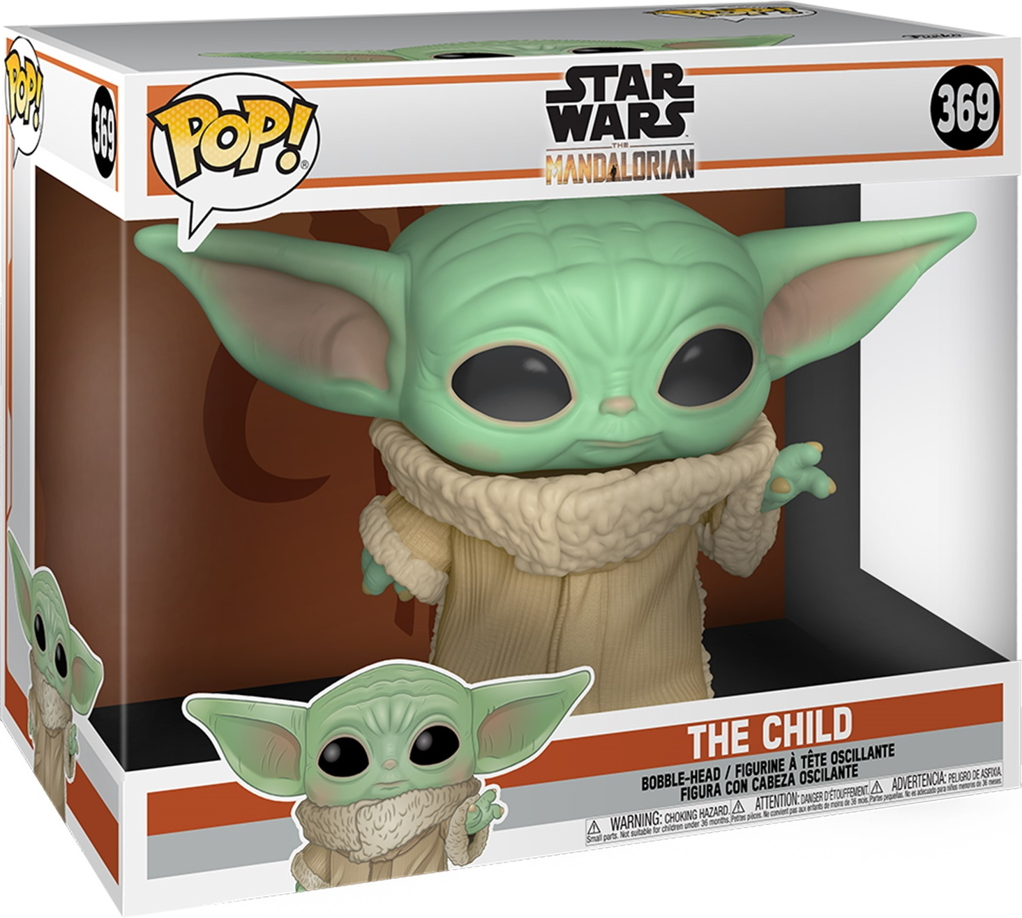 Figurka Funko Pop The Child w pudełku wystawowym. Figurka ma duże uszy i brązowy płaszcz.