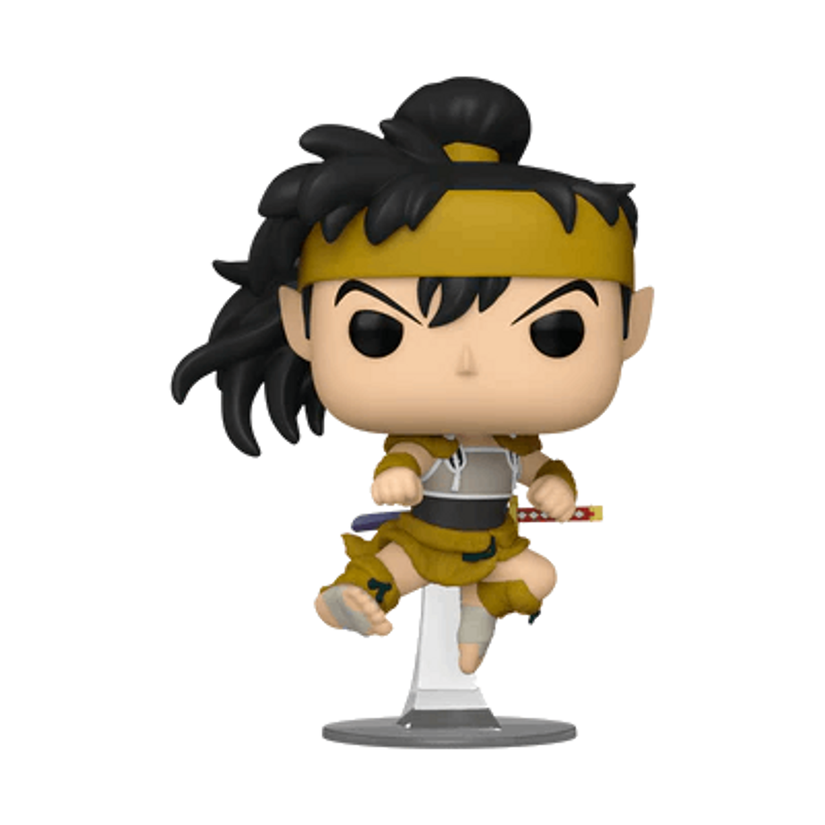 Una figura Funko Pop de un personaje de dibujos animados con cabello negro, una diadema amarilla y un atuendo amarillo.