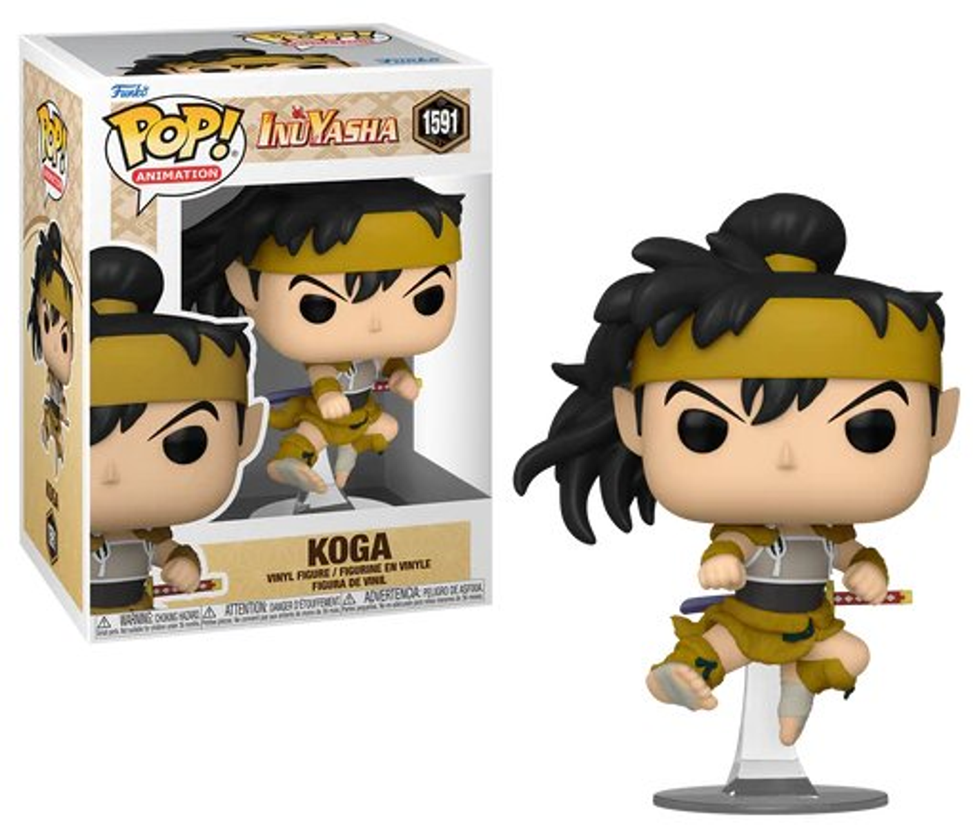 Figura Funko Pop de un hombre con cabello negro, con una diadema y armadura amarilla, de la serie Inuyasha.