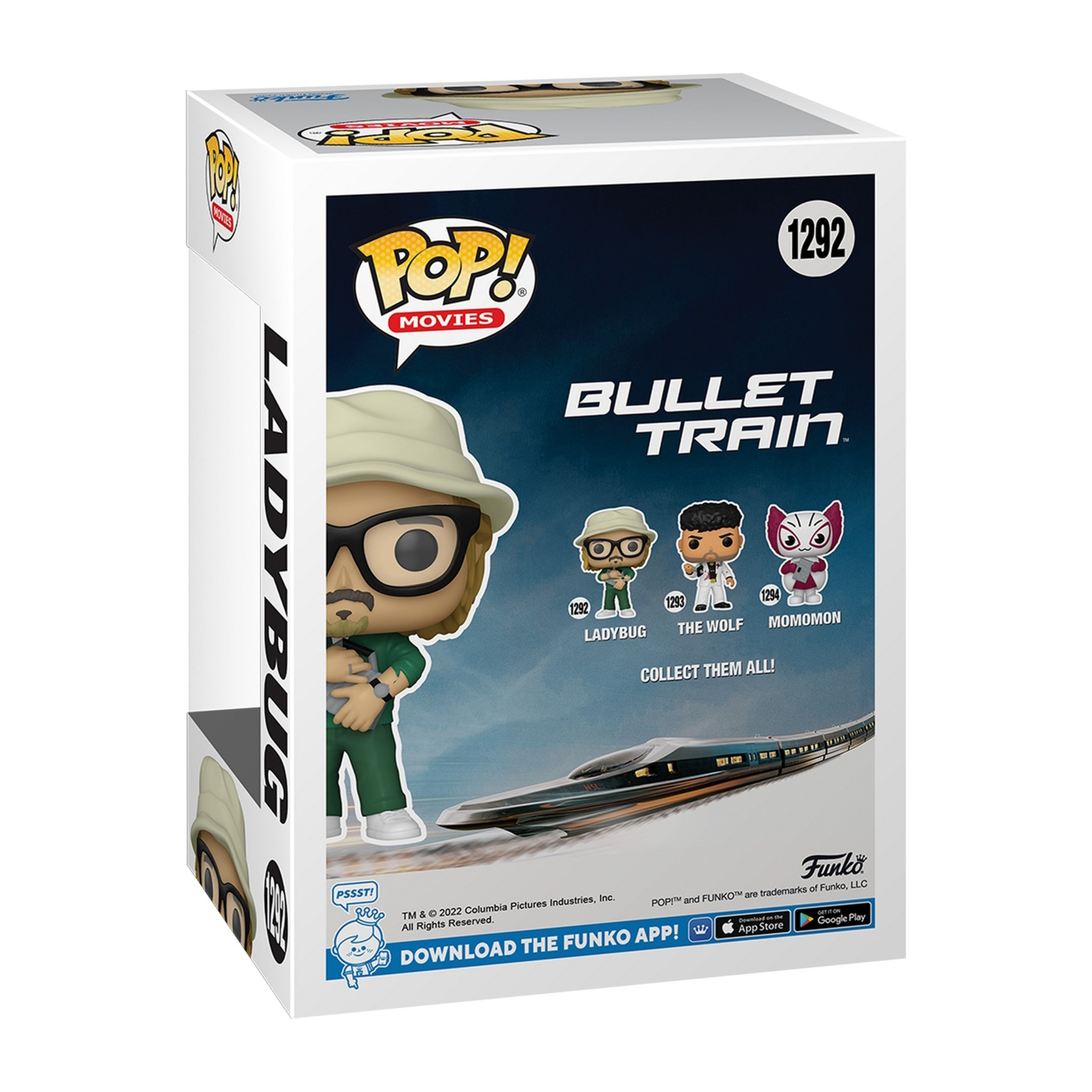 Pudełko dla Pop! Movies 'Bullet Train' z figurkami postaci. Białe tło.