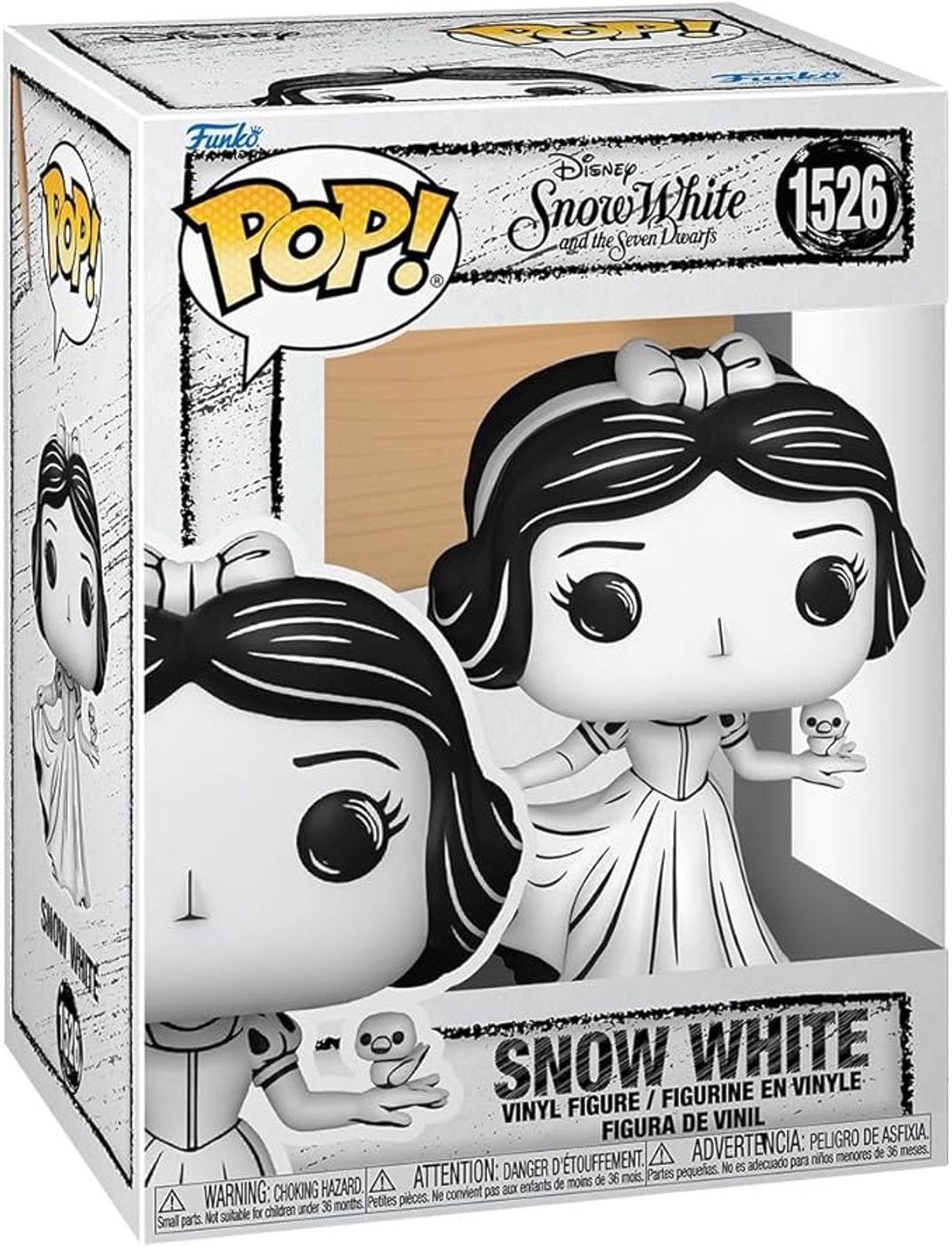 Una scatola Funko Pop con una figura di Biancaneve. La figura è in bianco e nero.